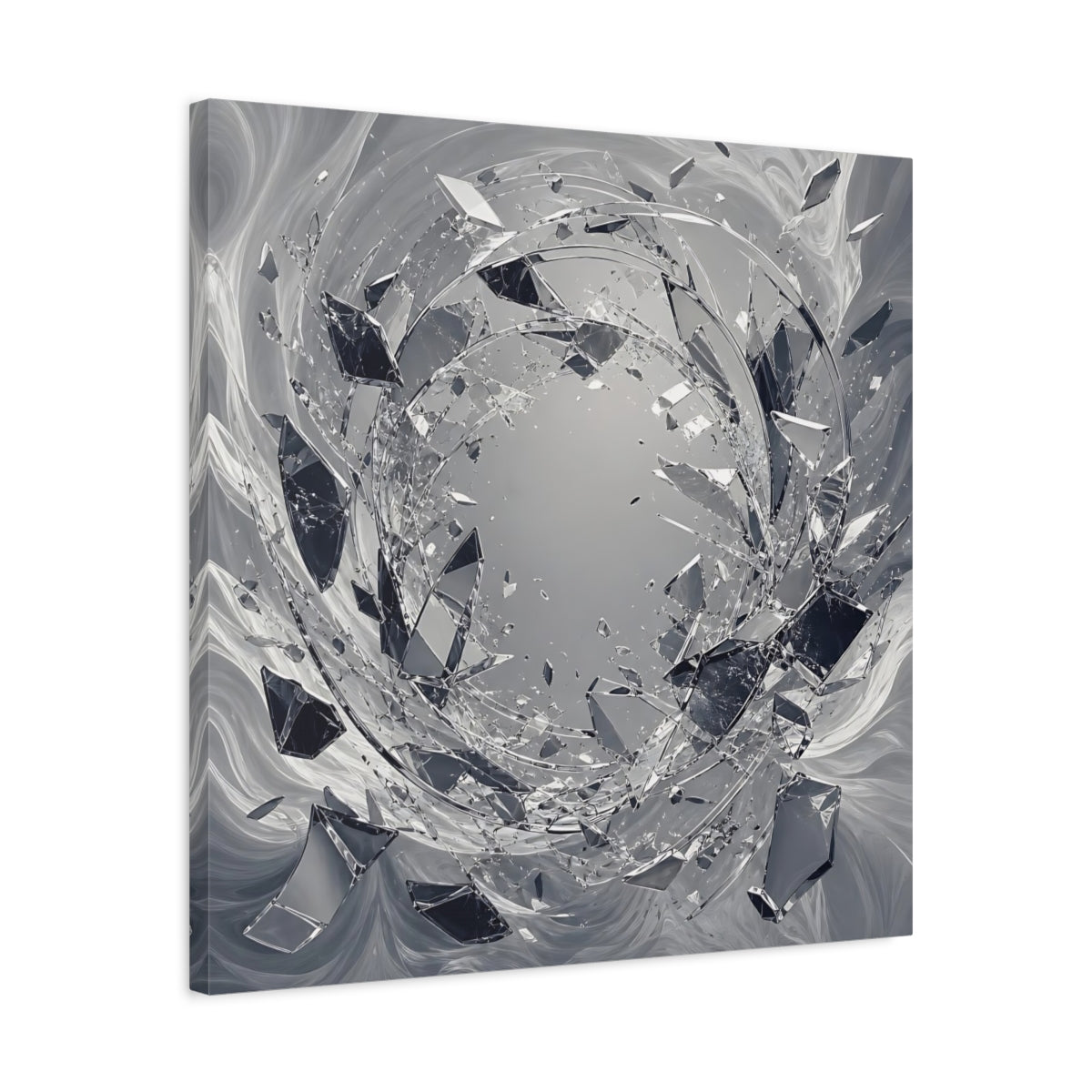 Side Mockup 4. Abstract Shattering Glass Shattered Glass Monochrome shown as stretched canvas wall art