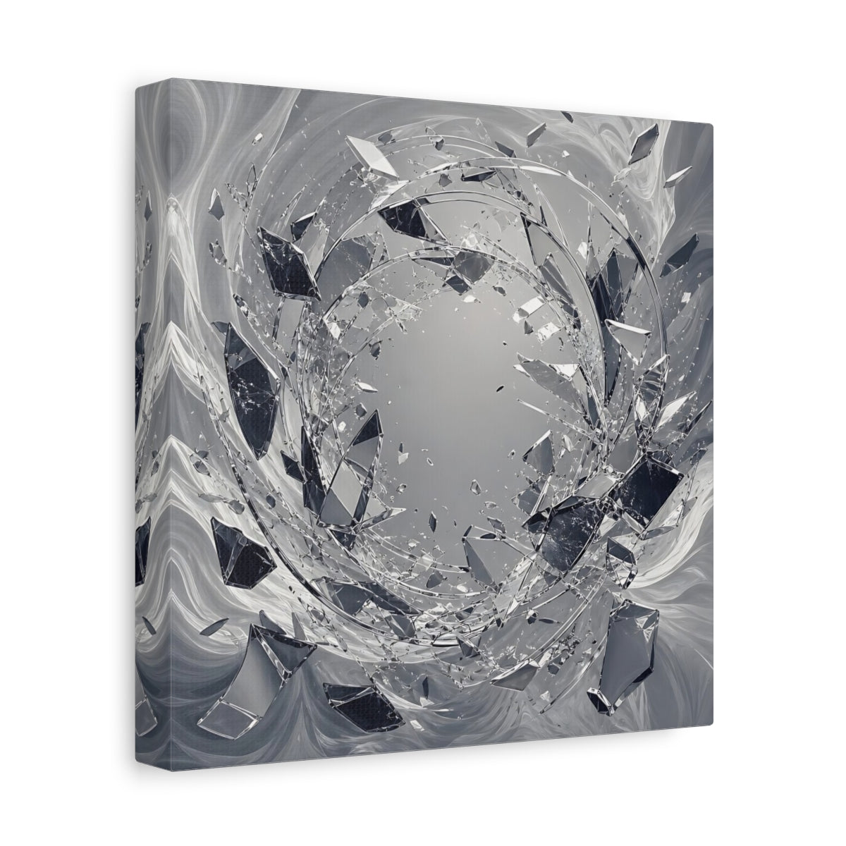 Side Mockup 9. Abstract Shattering Glass Shattered Glass Monochrome shown as stretched canvas wall art