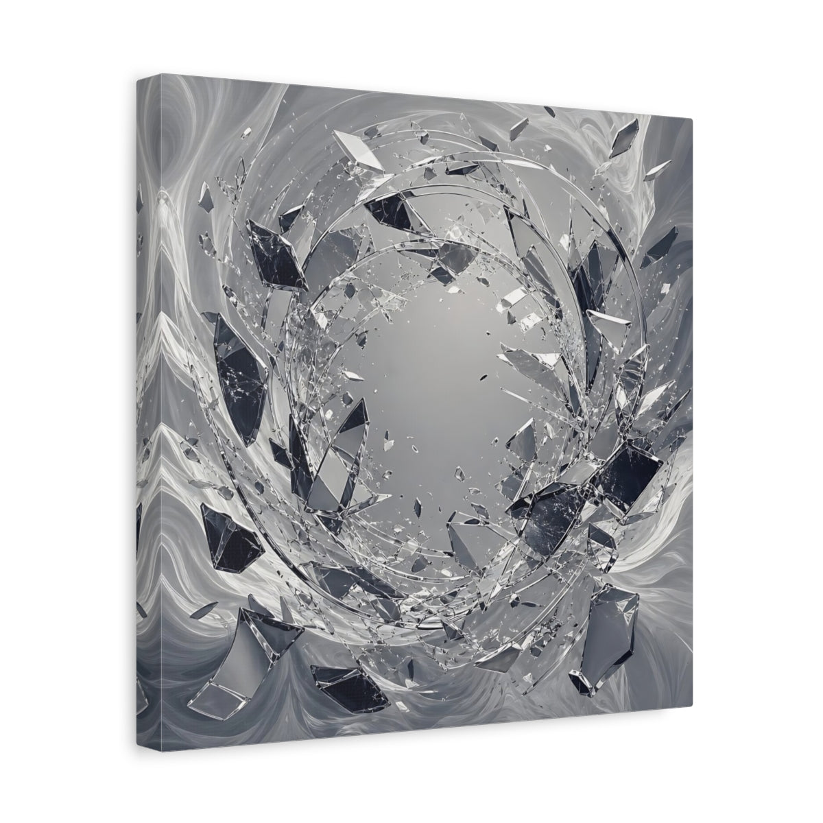 Side Mockup 7. Abstract Shattering Glass Shattered Glass Monochrome shown as stretched canvas wall art