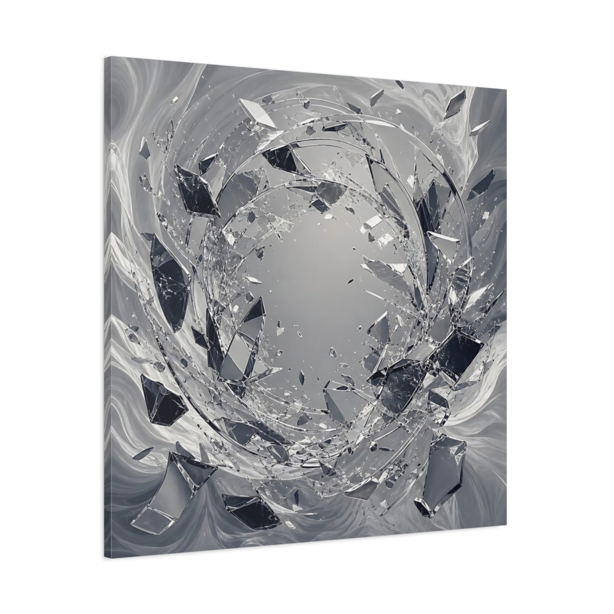 Side Mockup 1. Abstract Shattering Glass Shattered Glass Monochrome shown as stretched canvas wall art