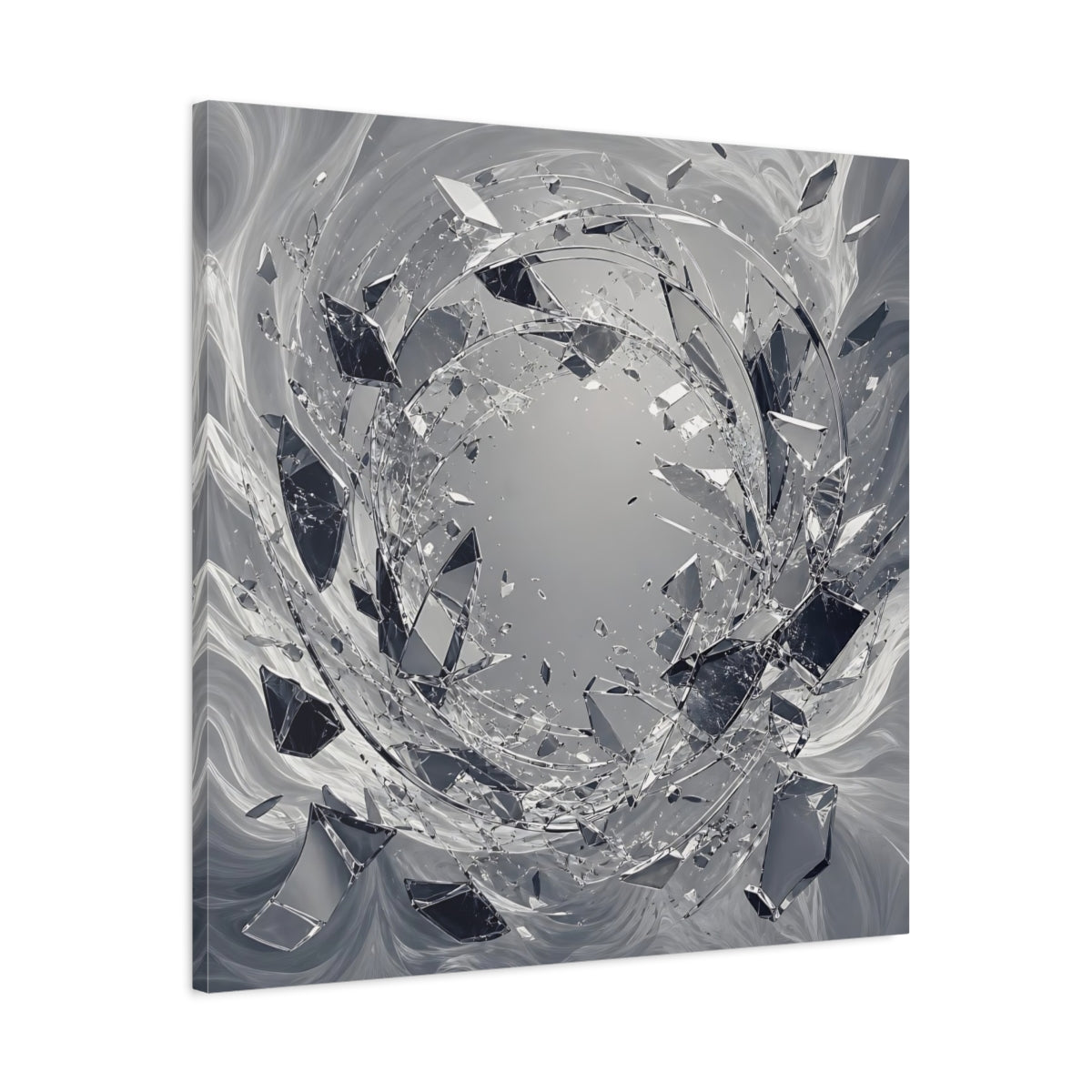 Side Mockup 3. Abstract Shattering Glass Shattered Glass Monochrome shown as stretched canvas wall art