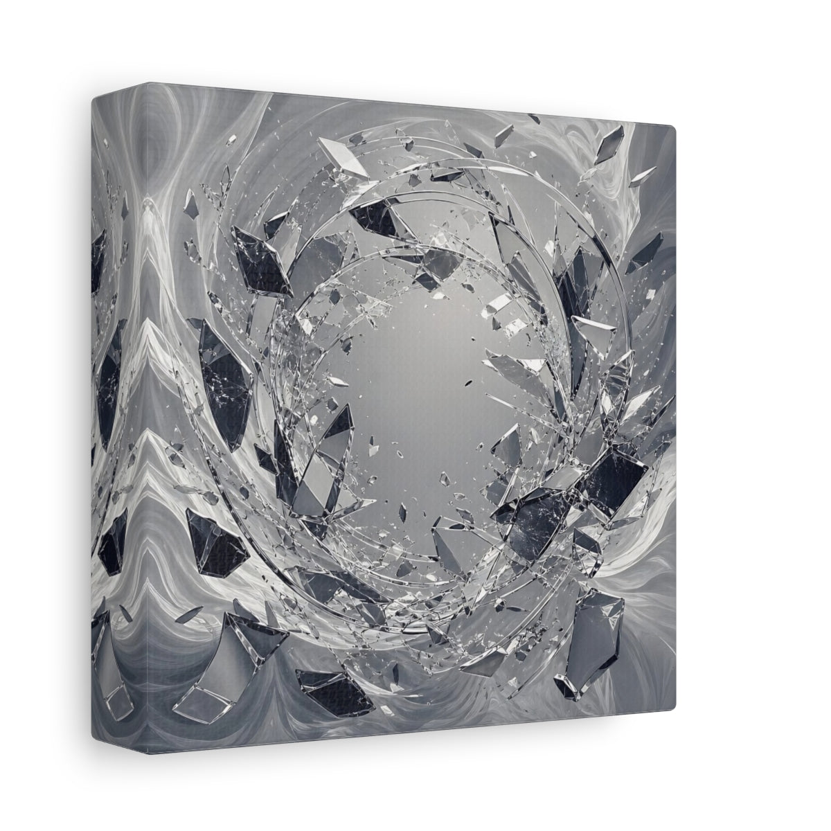 Side Mockup 2. Abstract Shattering Glass Shattered Glass Monochrome shown as stretched canvas wall art