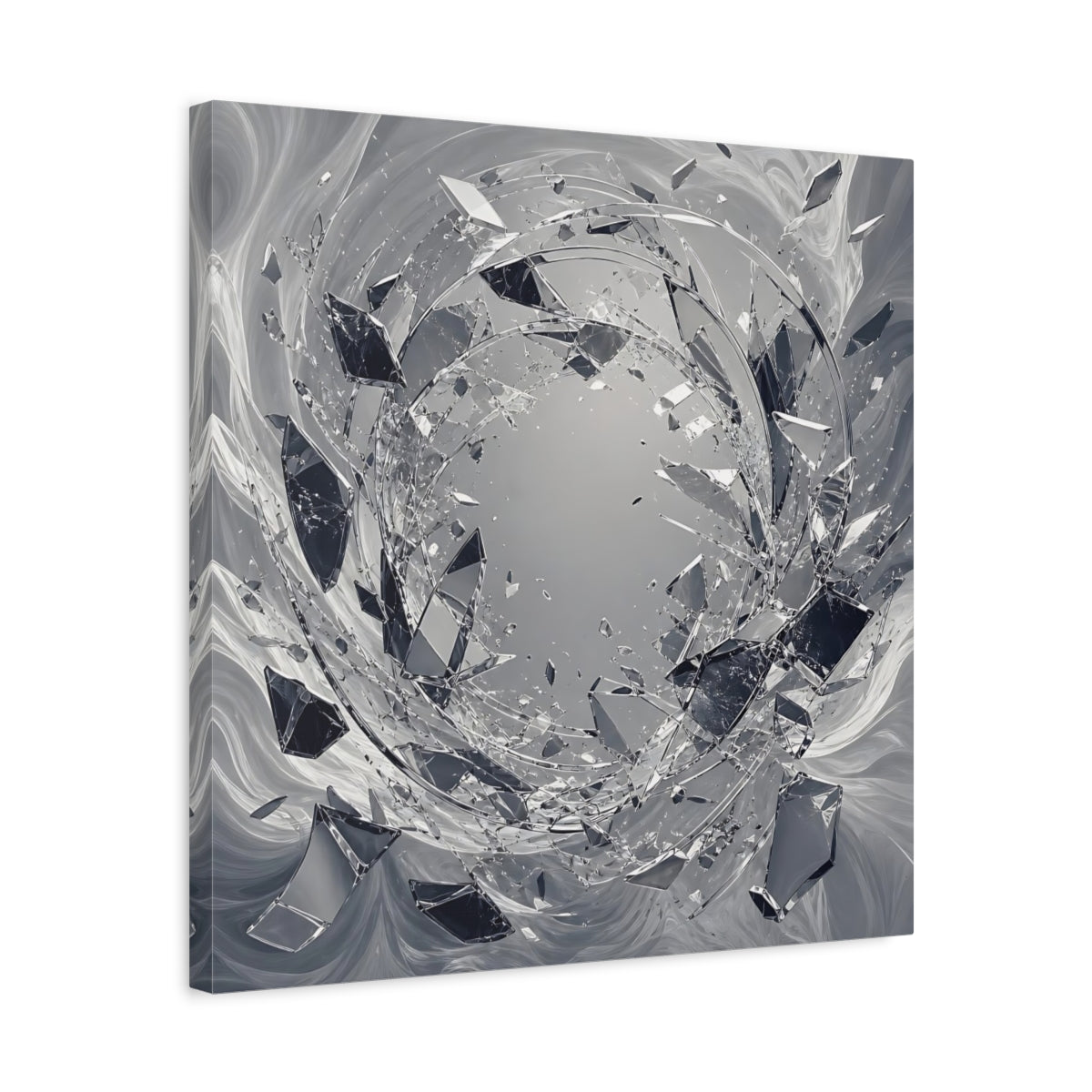 Side Mockup 5. Abstract Shattering Glass Shattered Glass Monochrome shown as stretched canvas wall art