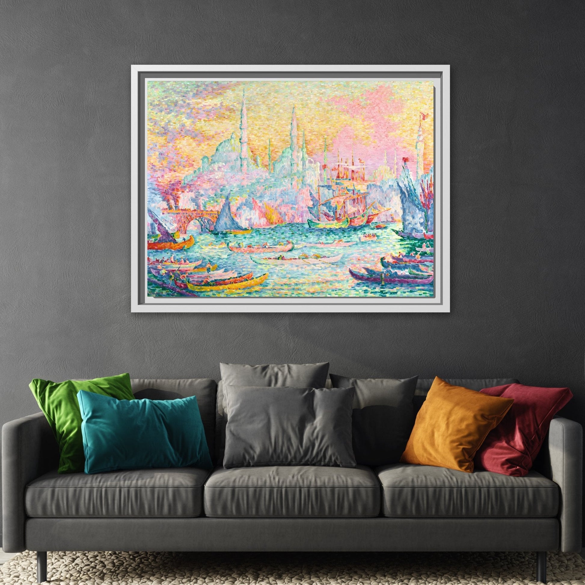 Abstract Signac Boats Canvas Wall Art Print - Modern Impressionist in Frame