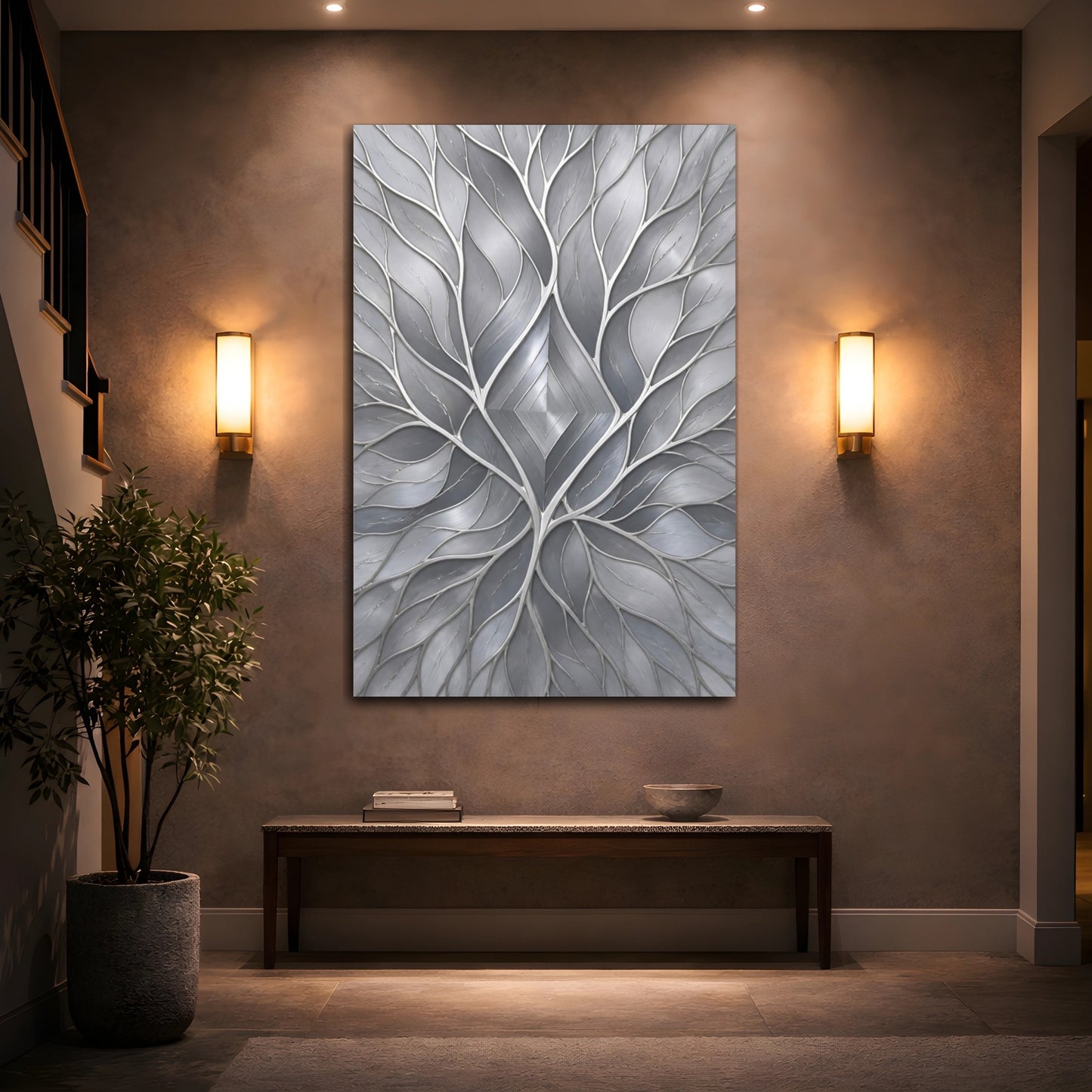 Mockup 2. Abstract Silver Leaf Diamond shown as canvas print
