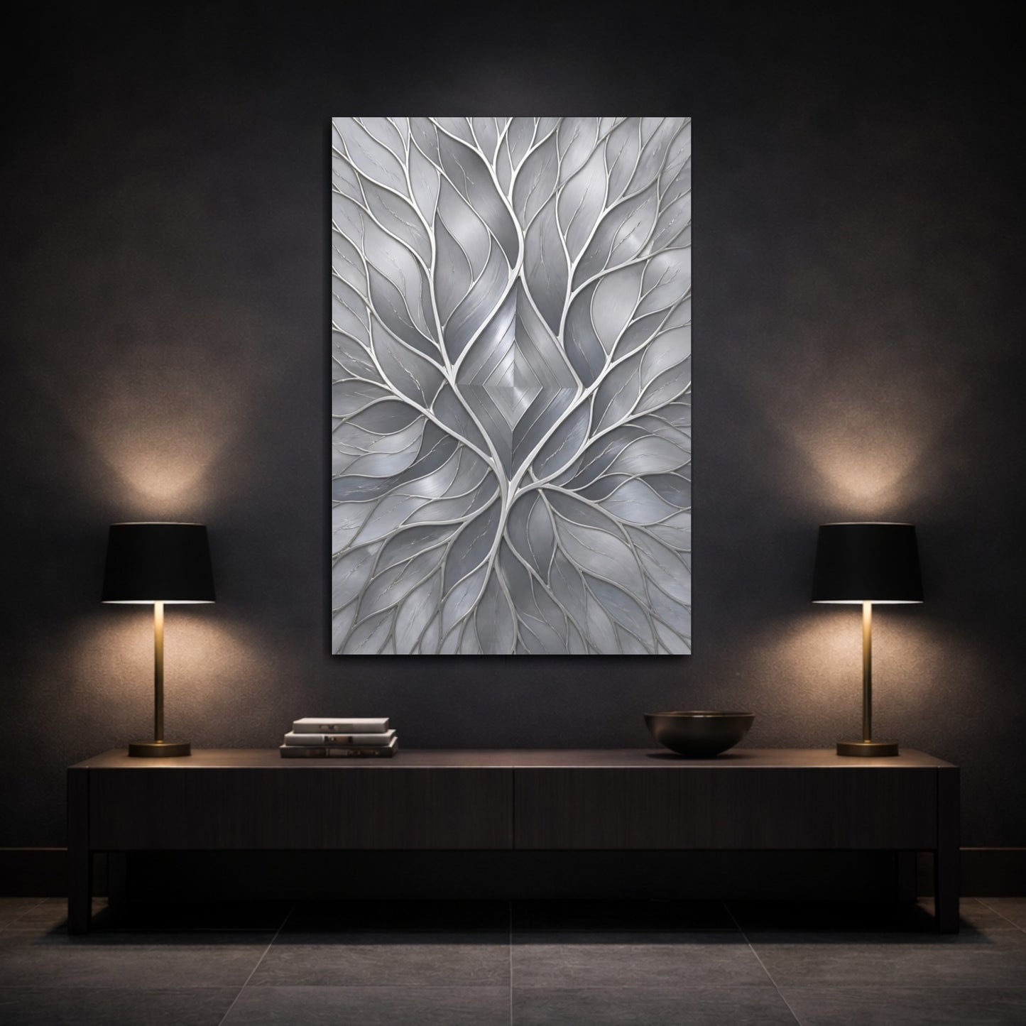 Mockup 3. Abstract Silver Leaf Diamond shown as canvas print