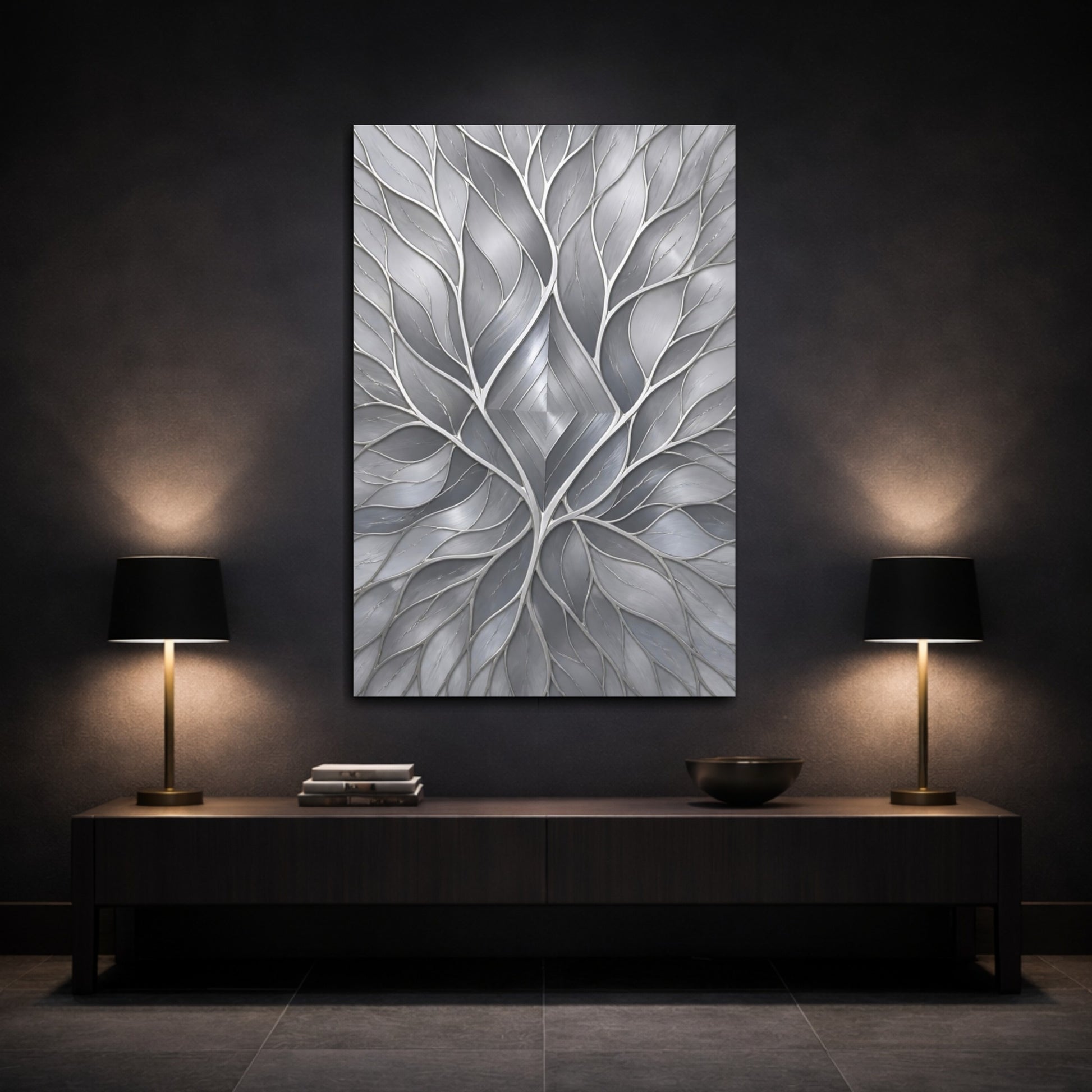 Mockup 3. Abstract Silver Leaf Diamond shown as canvas print