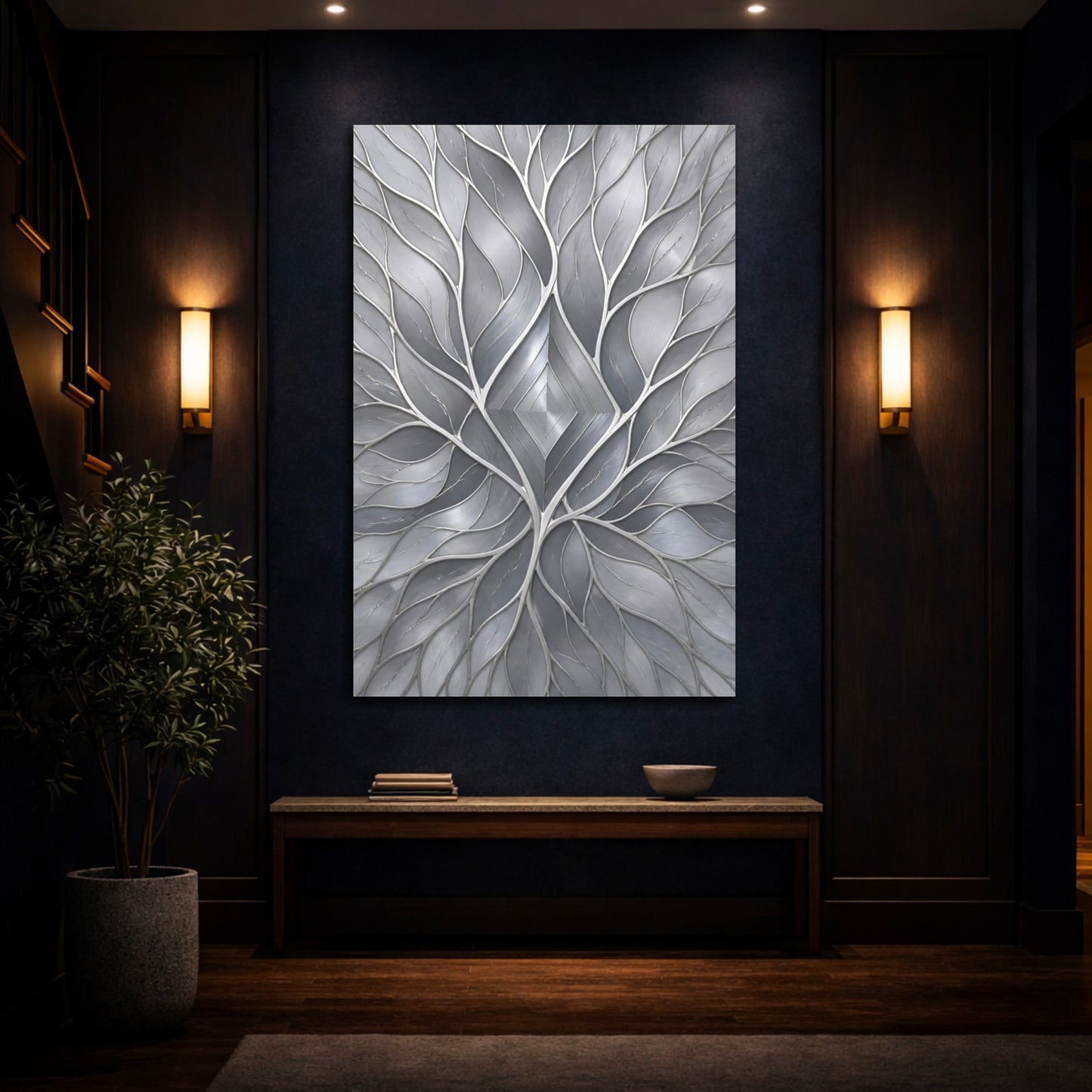 Mockup 4. Abstract Silver Leaf Diamond shown as canvas print
