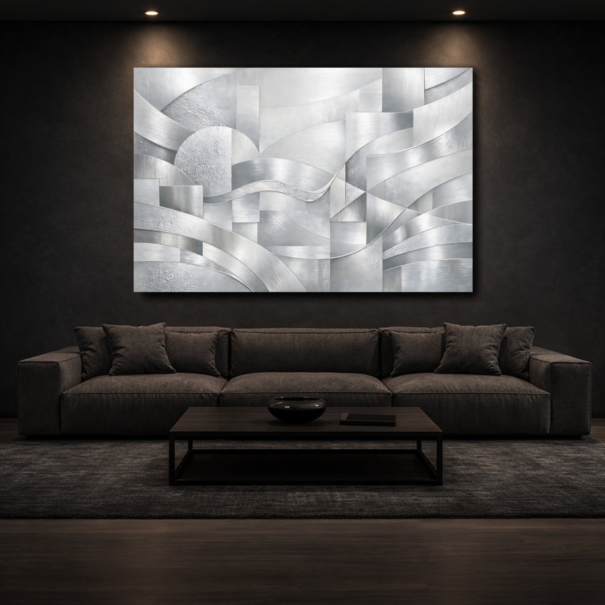 Mockup 2. Abstract Silver Textures Silver Abstract shown as stretched canvas wall art