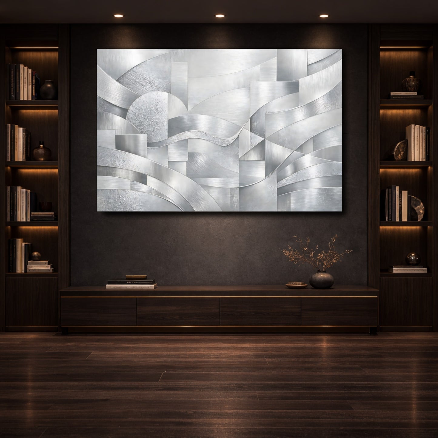 Mockup 3. Abstract Silver Textures Silver Abstract shown as stretched canvas wall art