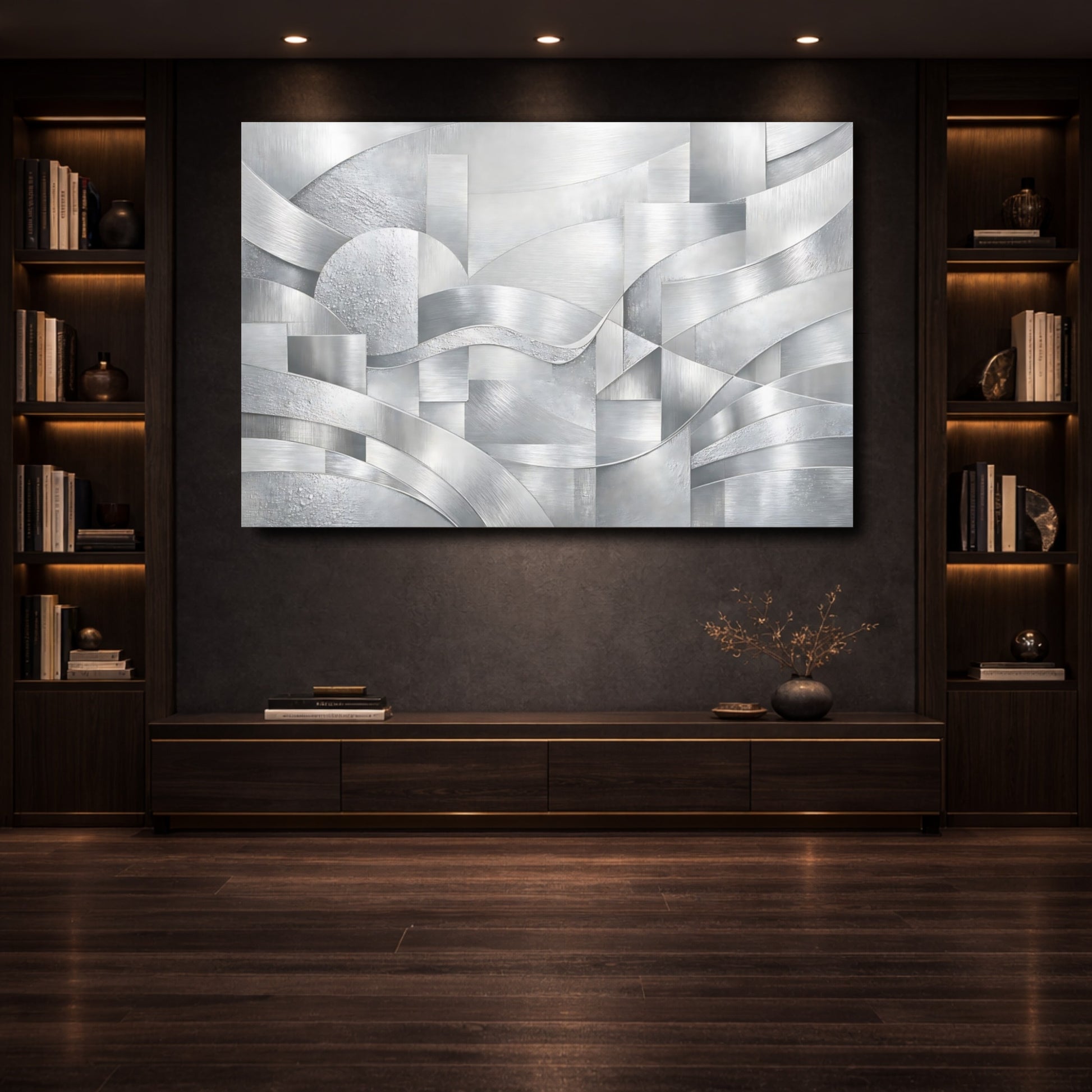 Mockup 3. Abstract Silver Textures Silver Abstract shown as stretched canvas wall art