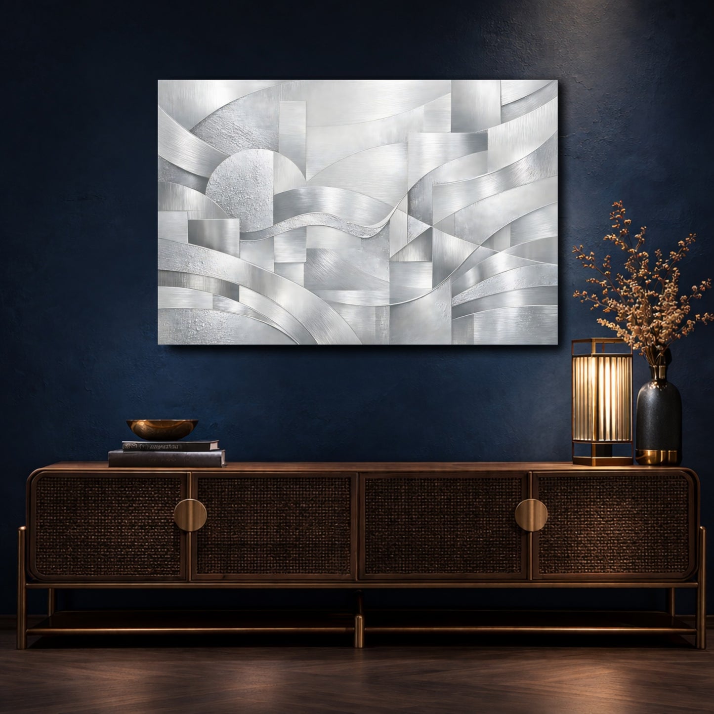Mockup 4. Abstract Silver Textures Silver Abstract shown as stretched canvas wall art