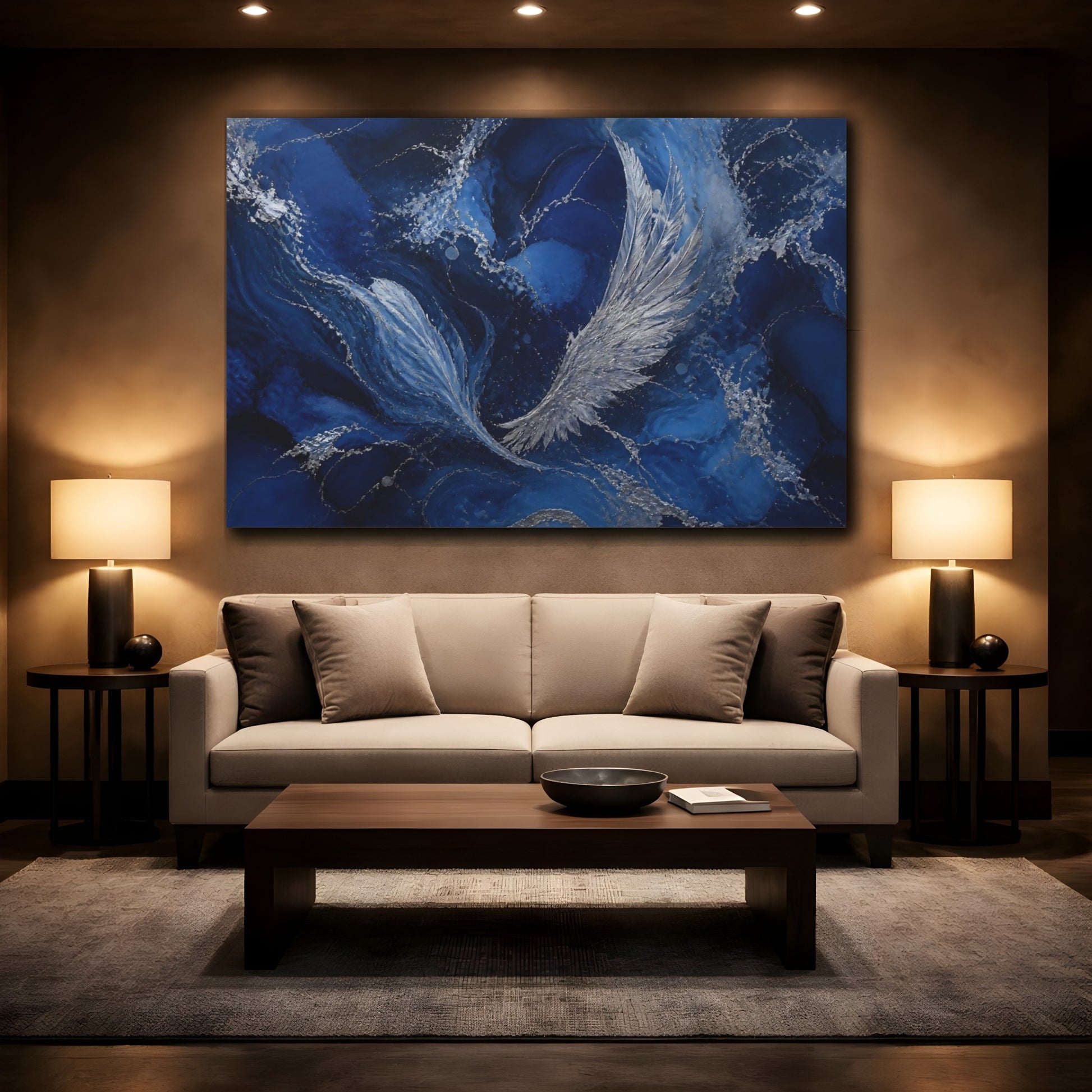 Mockup 2. Abstract Silver Wings shown as canvas print
