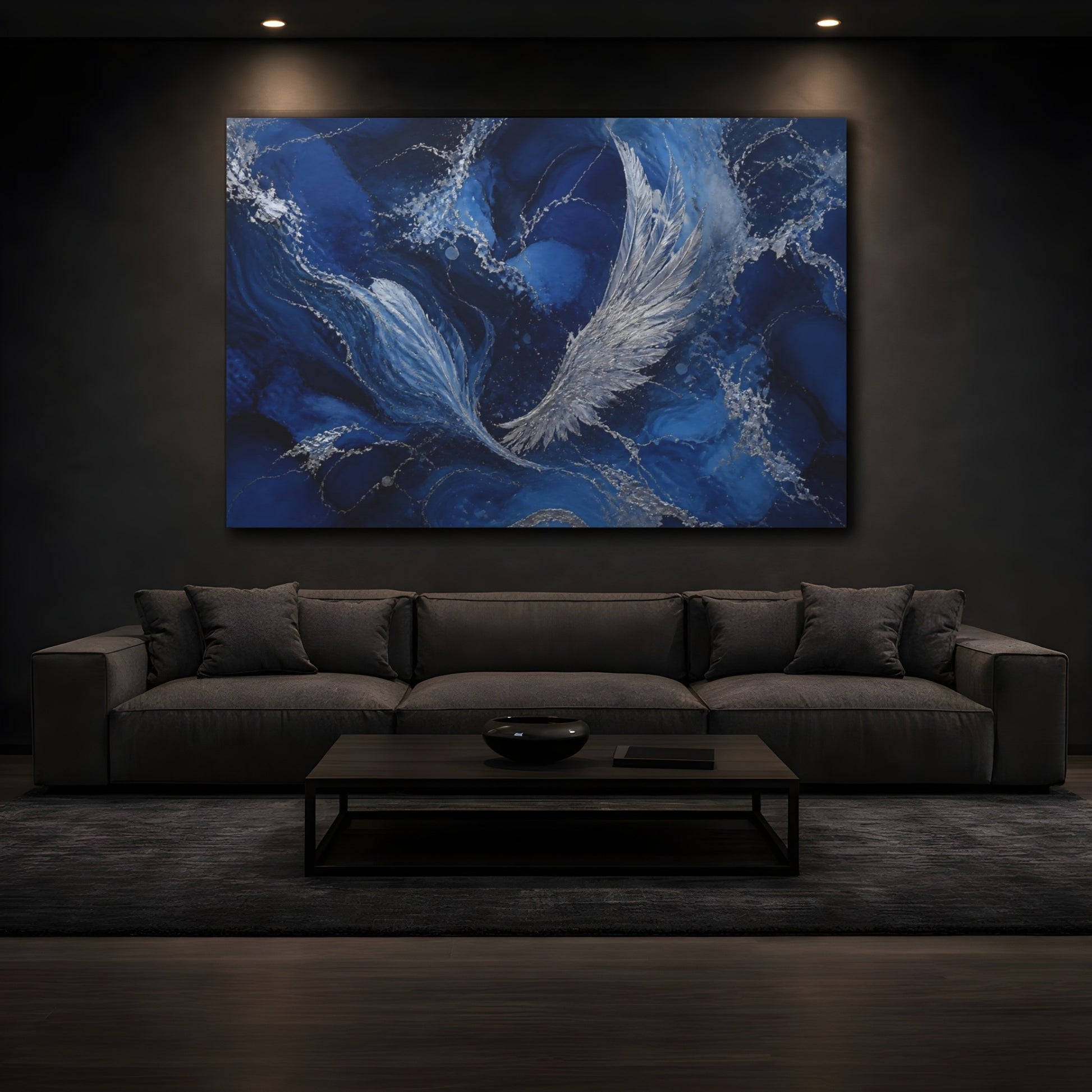 Mockup 3. Abstract Silver Wings shown as canvas print