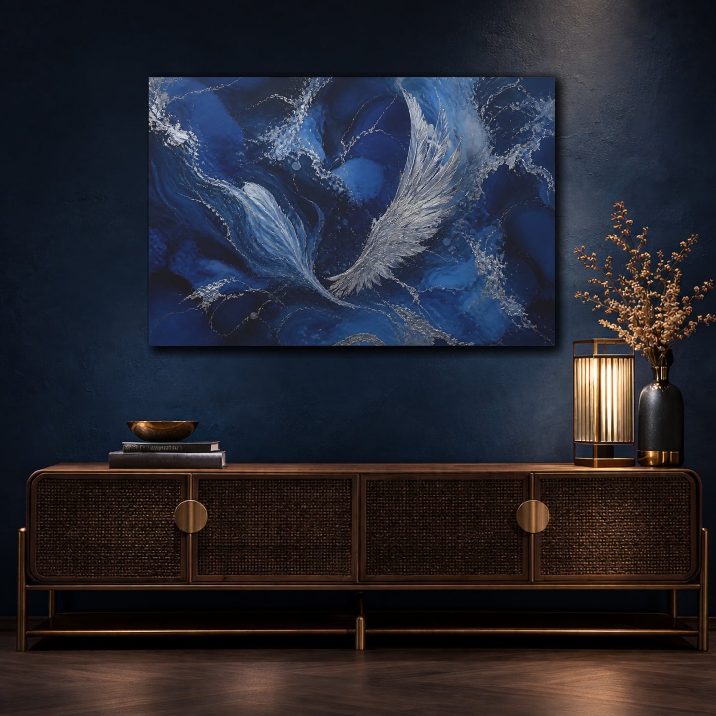 Mockup 4. Abstract Silver Wings shown as canvas print