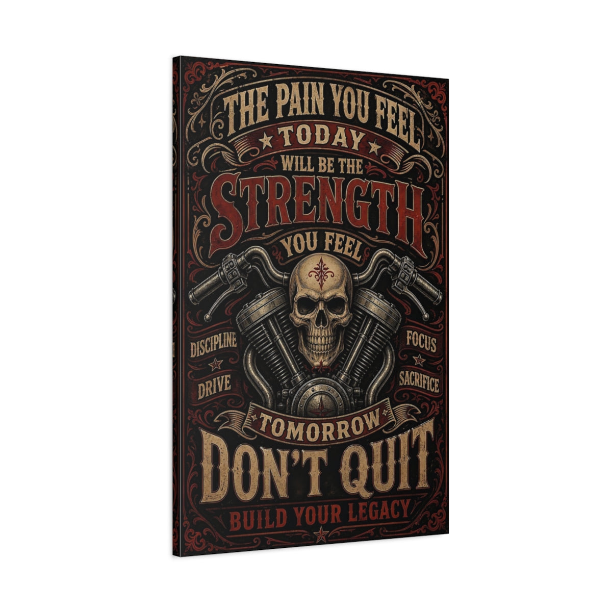 Main Mockup. Abstract Skull Engine Red Black Gold shown as stretched canvas wall art