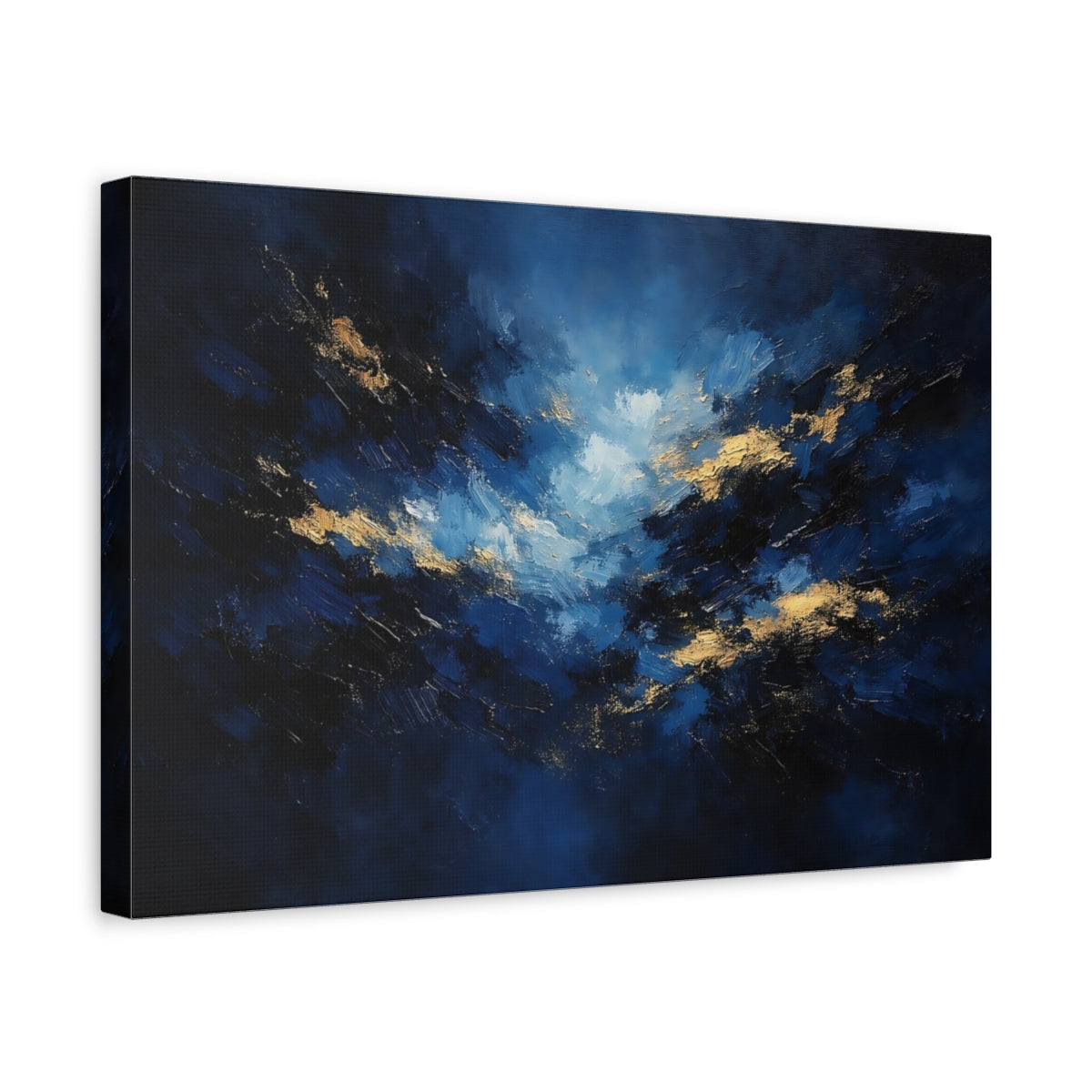 Side Mockup 4. Abstract Abstract Sky Blue And Gold shown as stretched canvas wall art