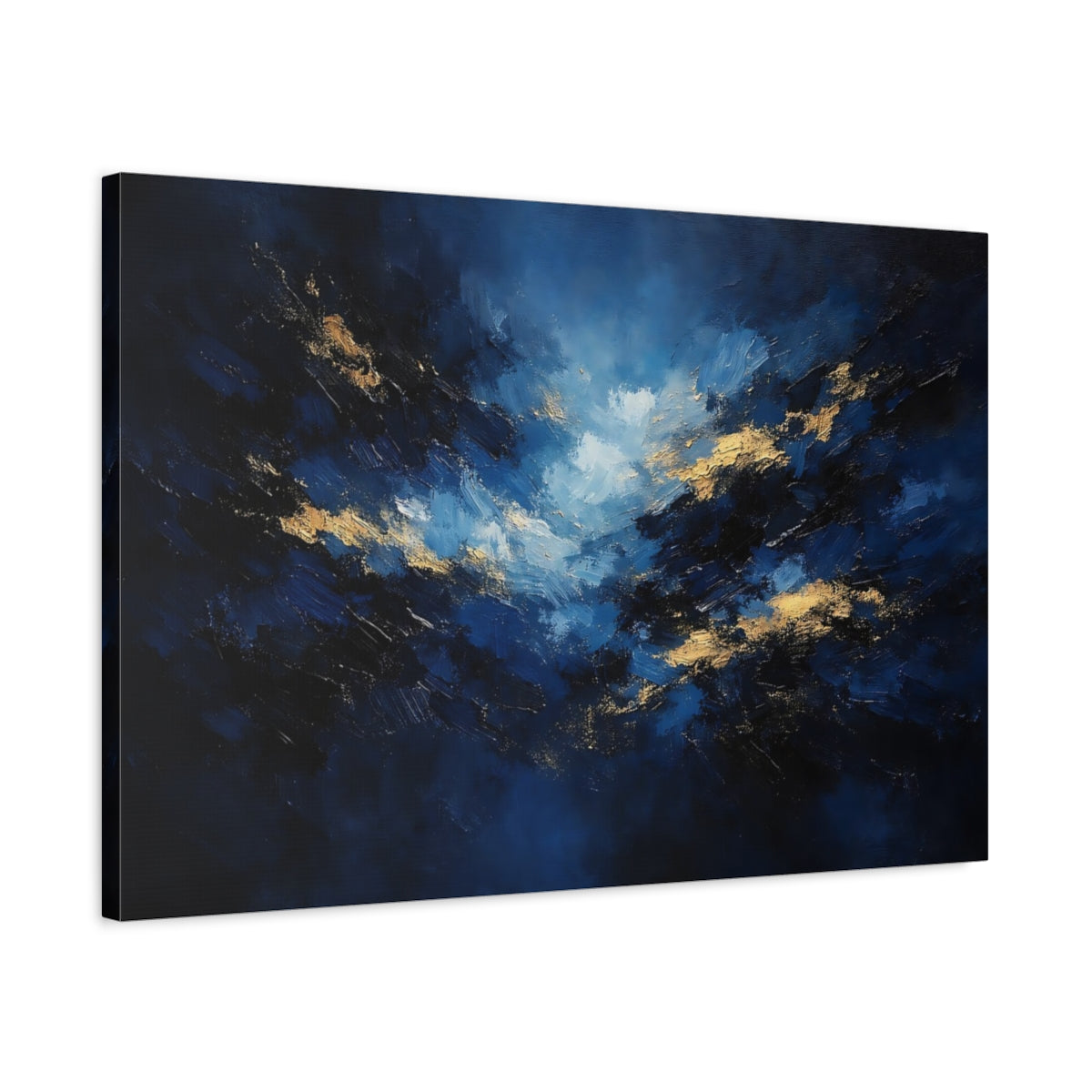 Side Mockup 2. Abstract Abstract Sky Blue And Gold shown as stretched canvas wall art
