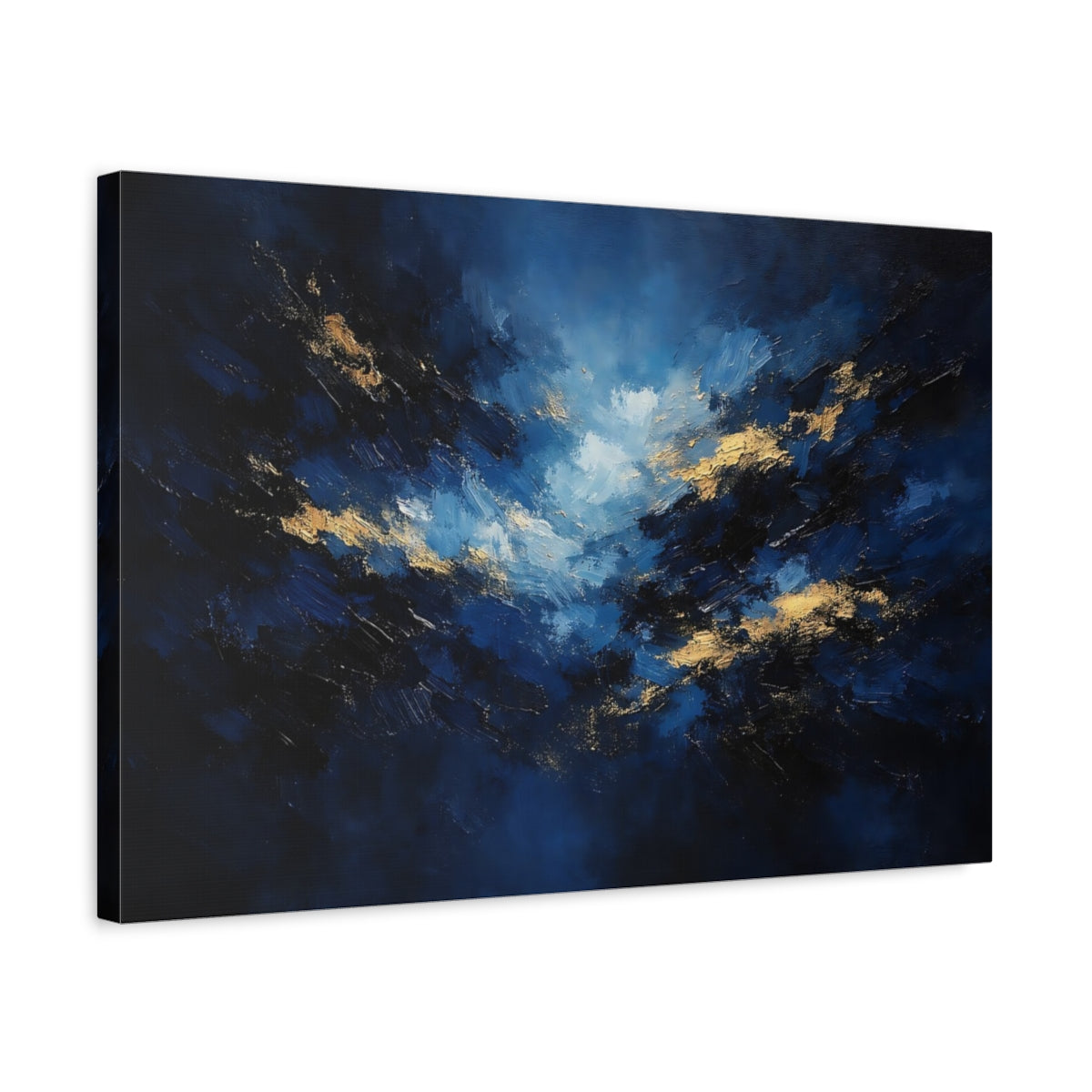 Side Mockup 3. Abstract Abstract Sky Blue And Gold shown as stretched canvas wall art