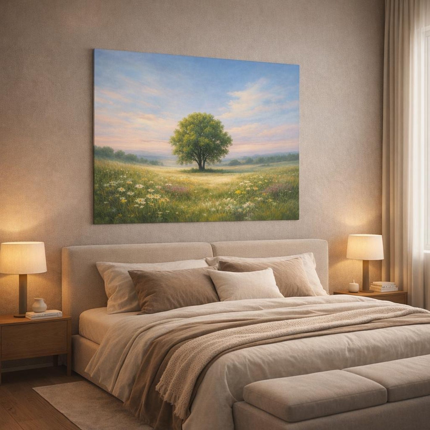 Abstract Sky Meadow shown as canvas wall art in a luxury bedroom