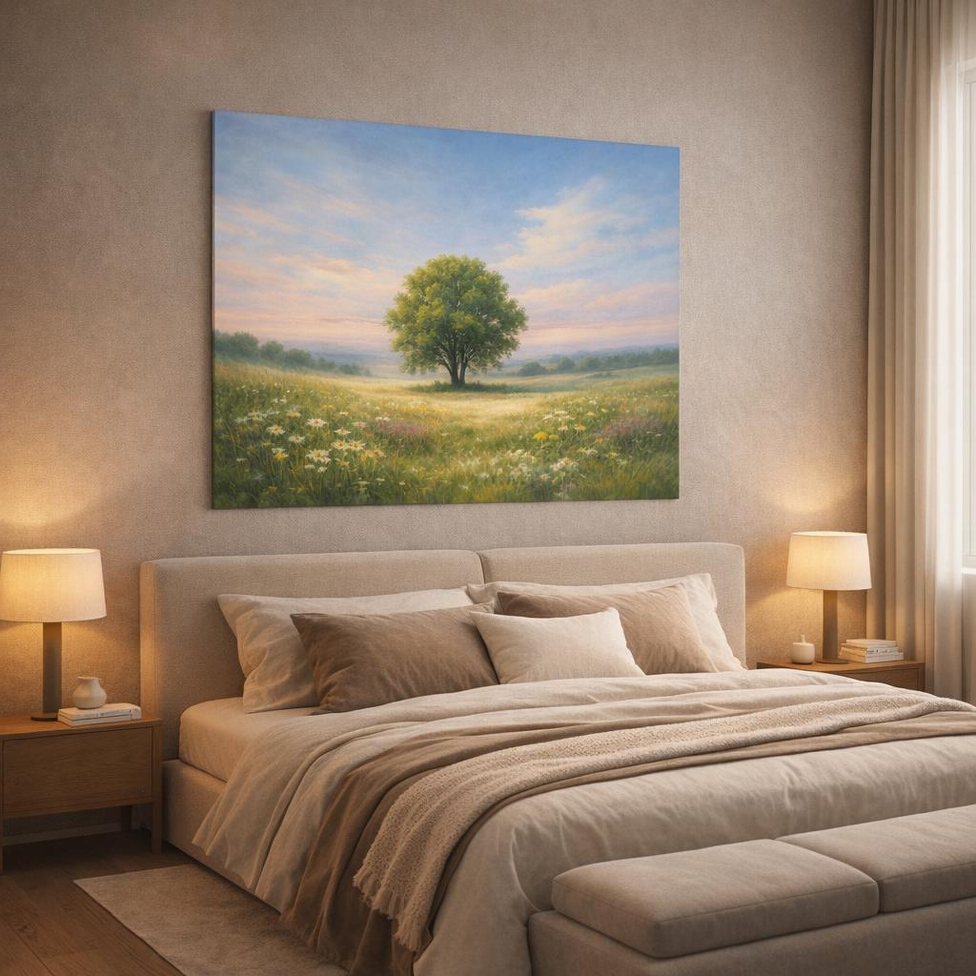Abstract Sky Meadow shown as canvas wall art in a luxury bedroom