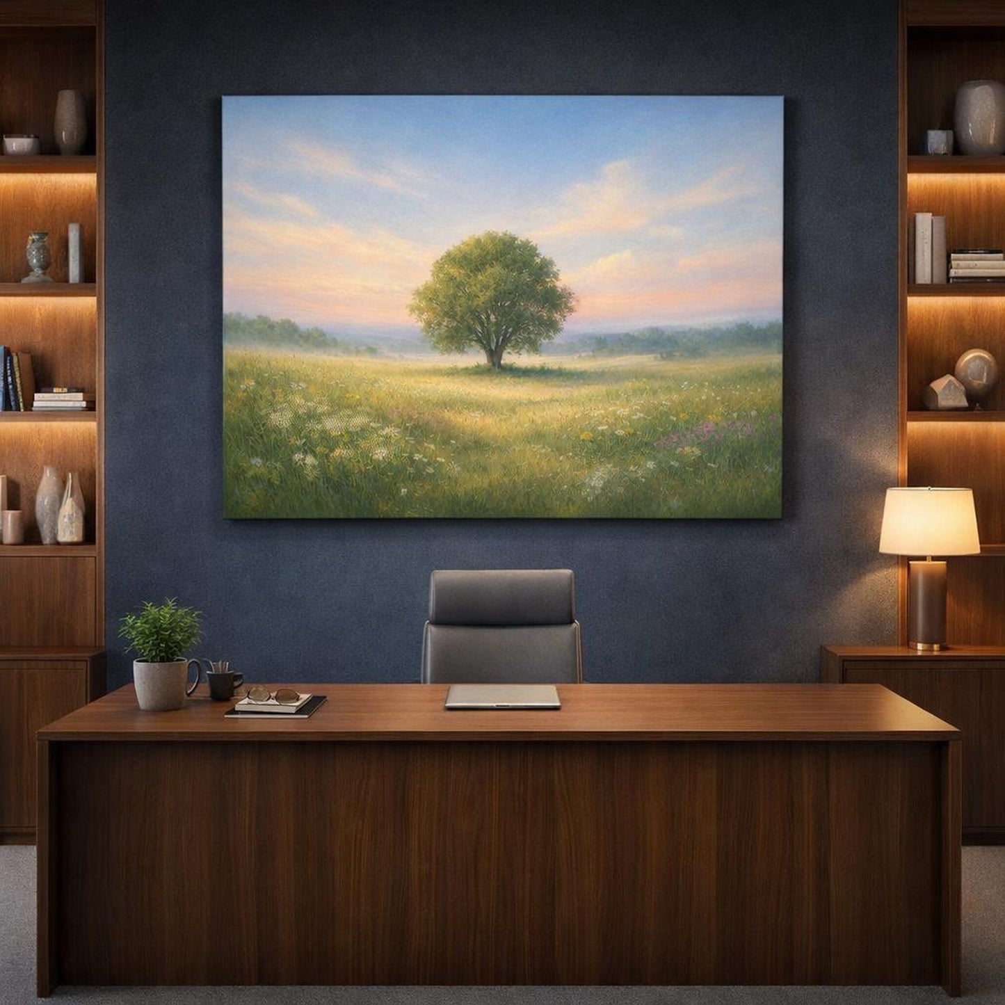 Abstract Sky Meadow shown as canvas wall art in a luxury executive office