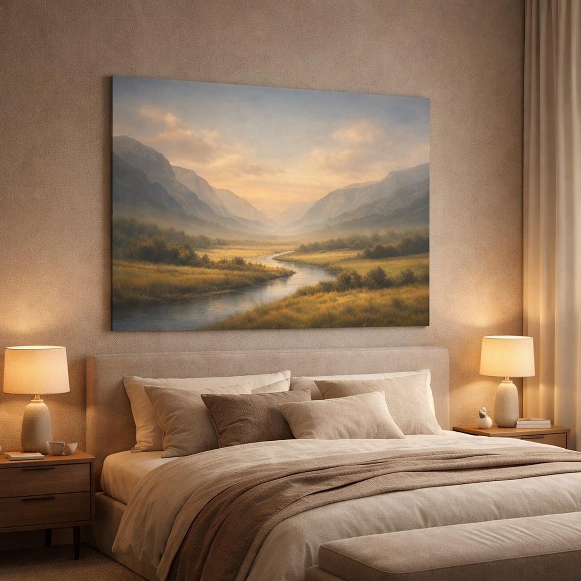 Abstract Sky Valley shown as canvas wall art in a luxury bedroom