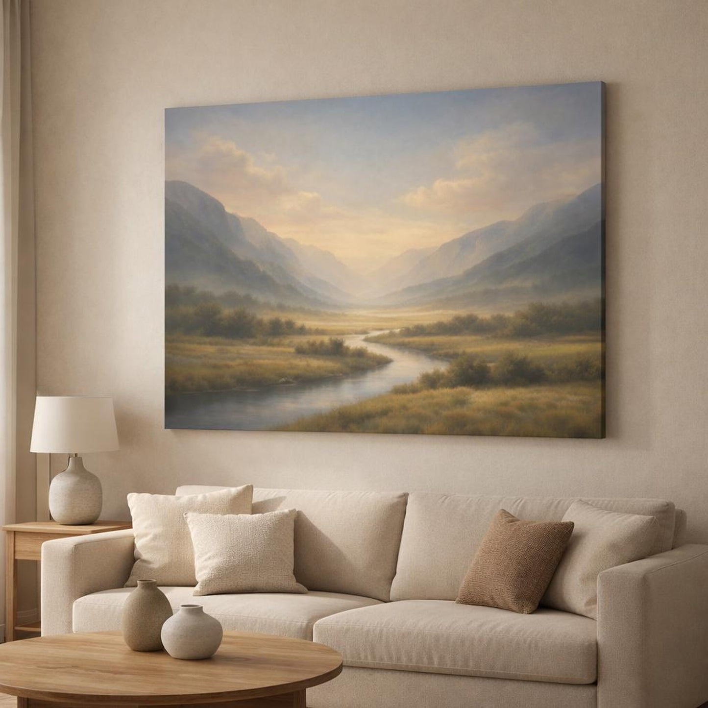 Abstract Sky Valley shown as canvas wall art in a modern living room