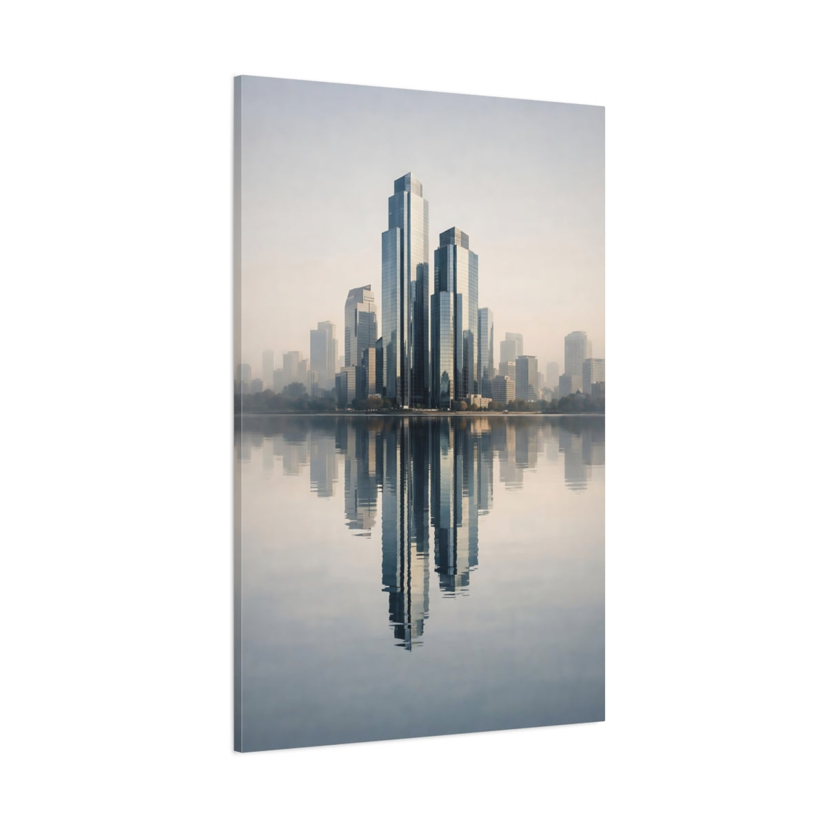 Abstract Skyscrapers Blue Grey Cityscape shown as stretched canvas wall art