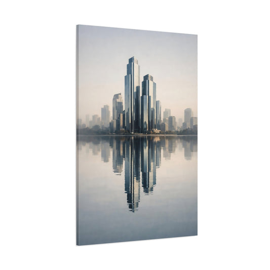 Abstract Skyscrapers Blue Grey Cityscape shown as stretched canvas wall art