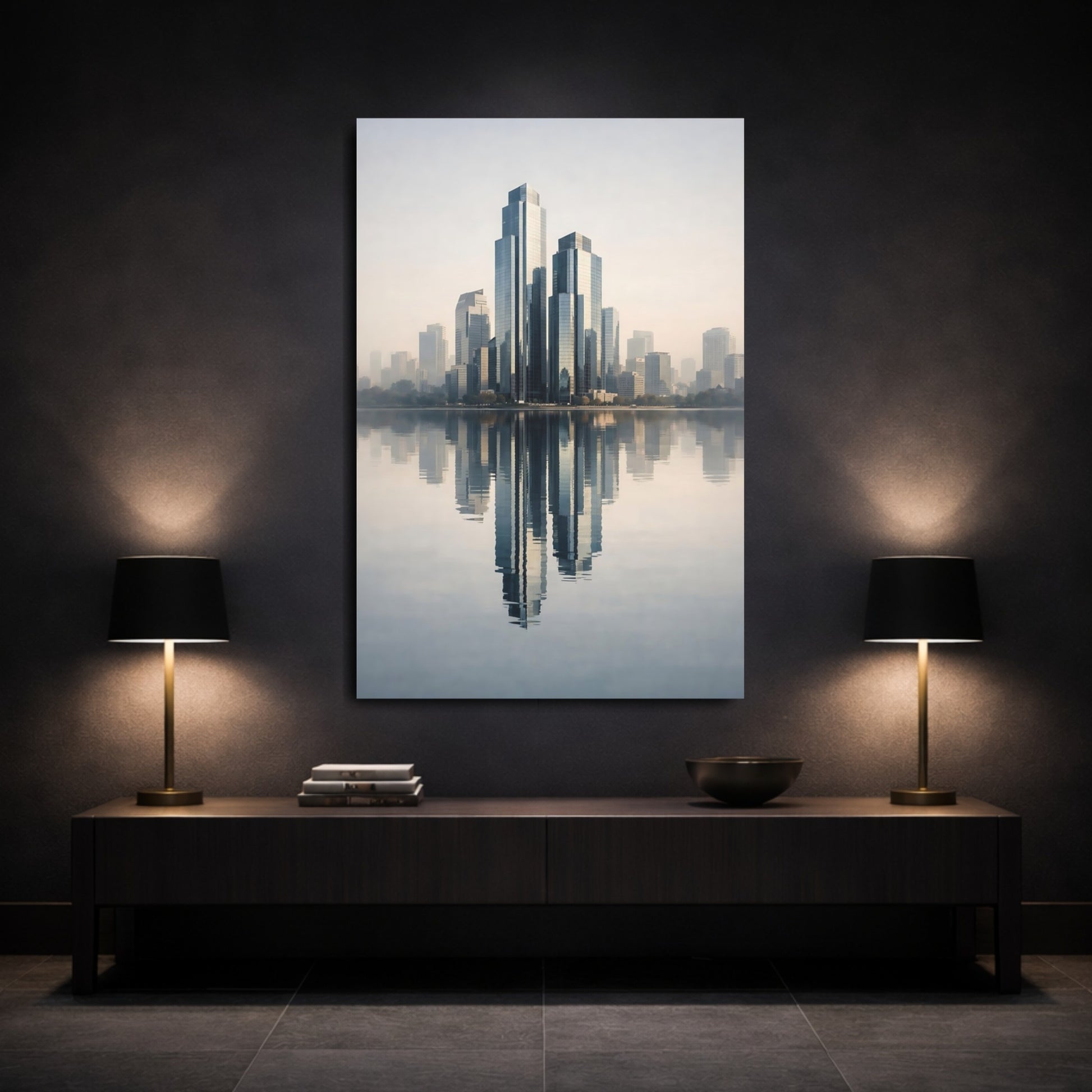 Abstract Skyscrapers Blue Grey Cityscape shown as front canvas room wall art