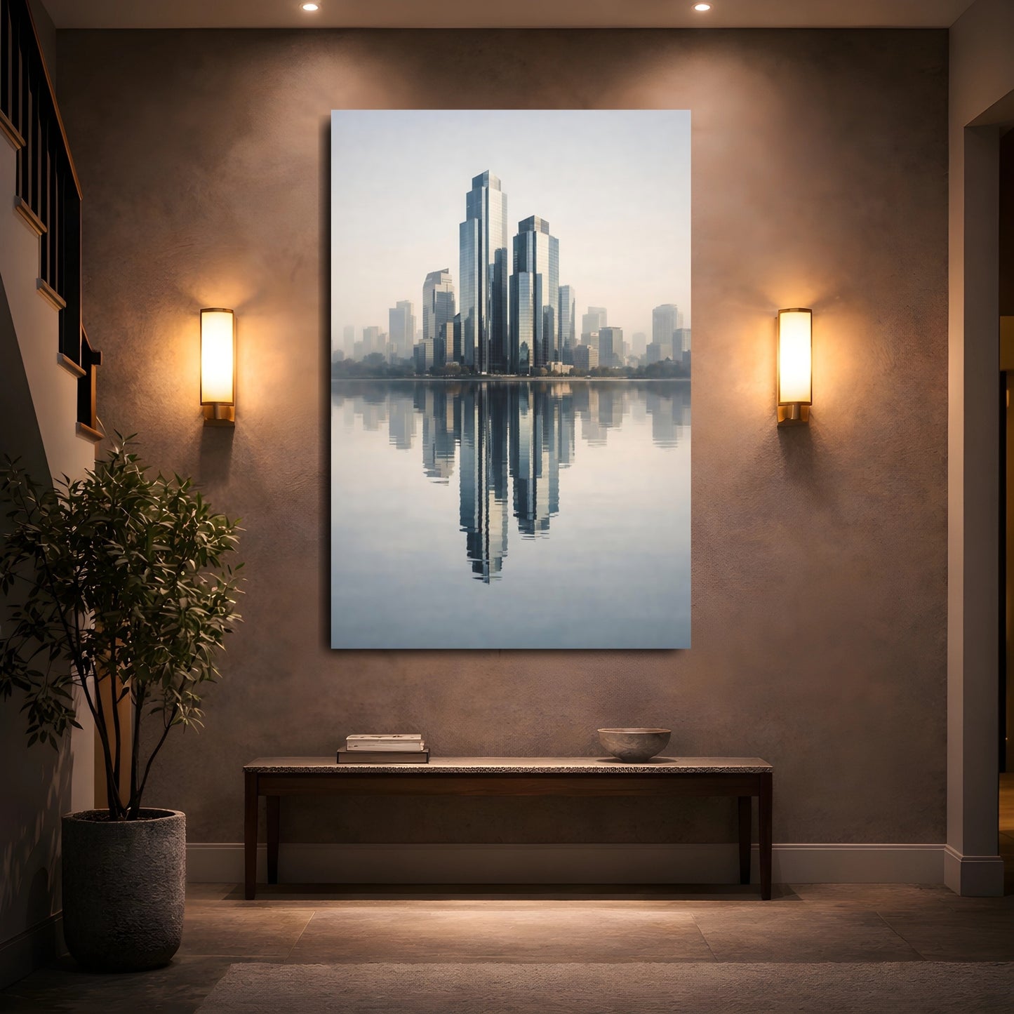Abstract Skyscrapers Blue Grey Cityscape shown as front canvas room wall art
