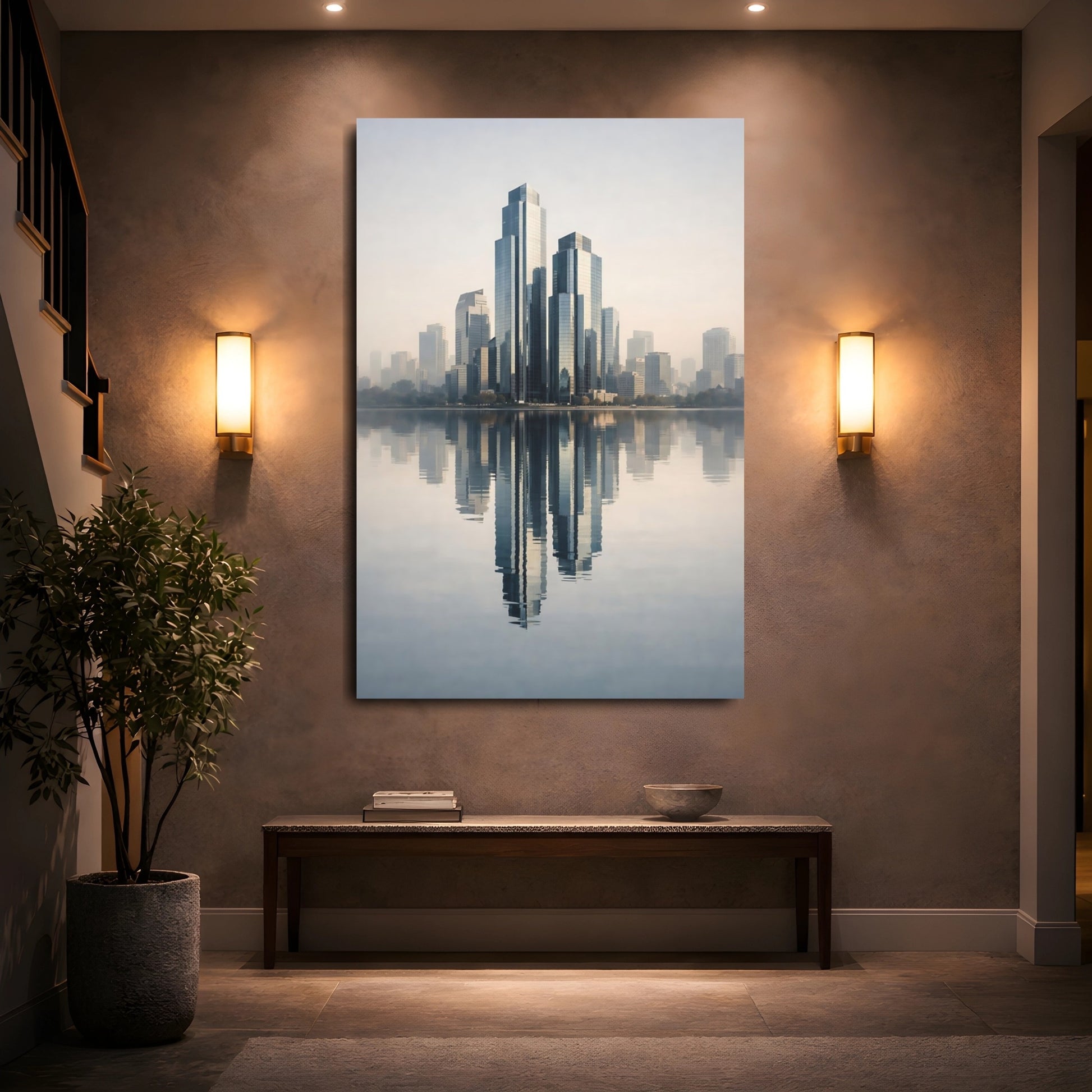 Abstract Skyscrapers Blue Grey Cityscape shown as front canvas room wall art