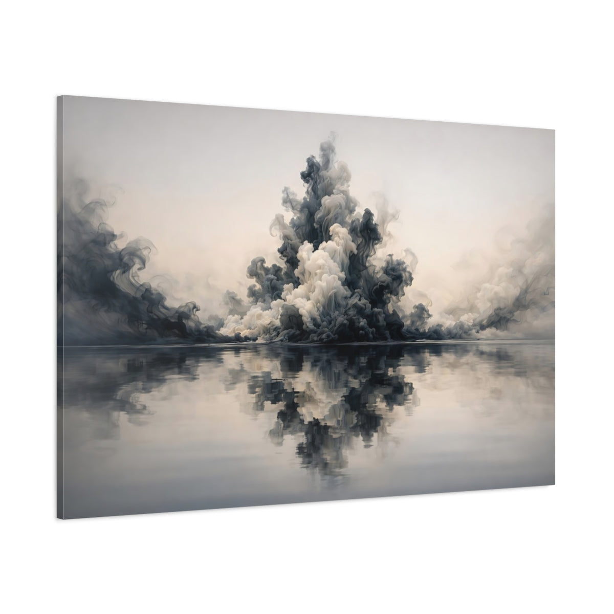 Main Mockup. Abstract Smoke Cloud Grey And White shown as stretched canvas wall art