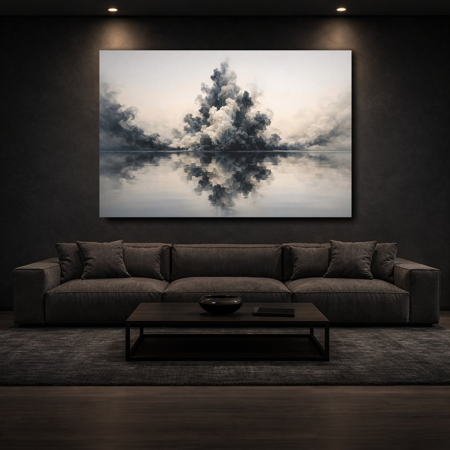 Mockup 2. Abstract Smoke Cloud Grey And White shown as stretched canvas wall art