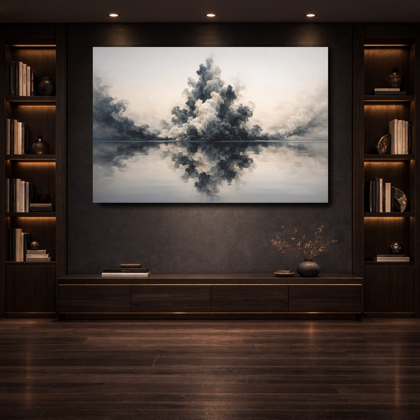Mockup 3. Abstract Smoke Cloud Grey And White shown as stretched canvas wall art