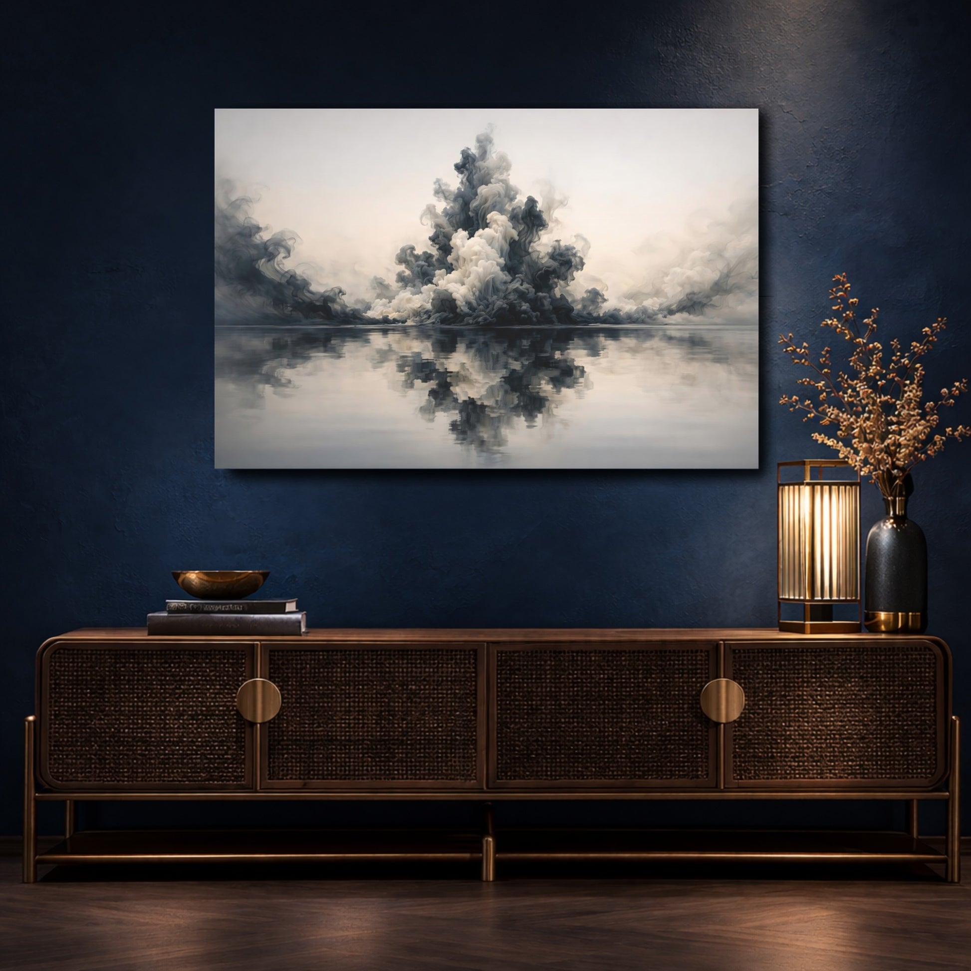 Mockup 4. Abstract Smoke Cloud Grey And White shown as stretched canvas wall art