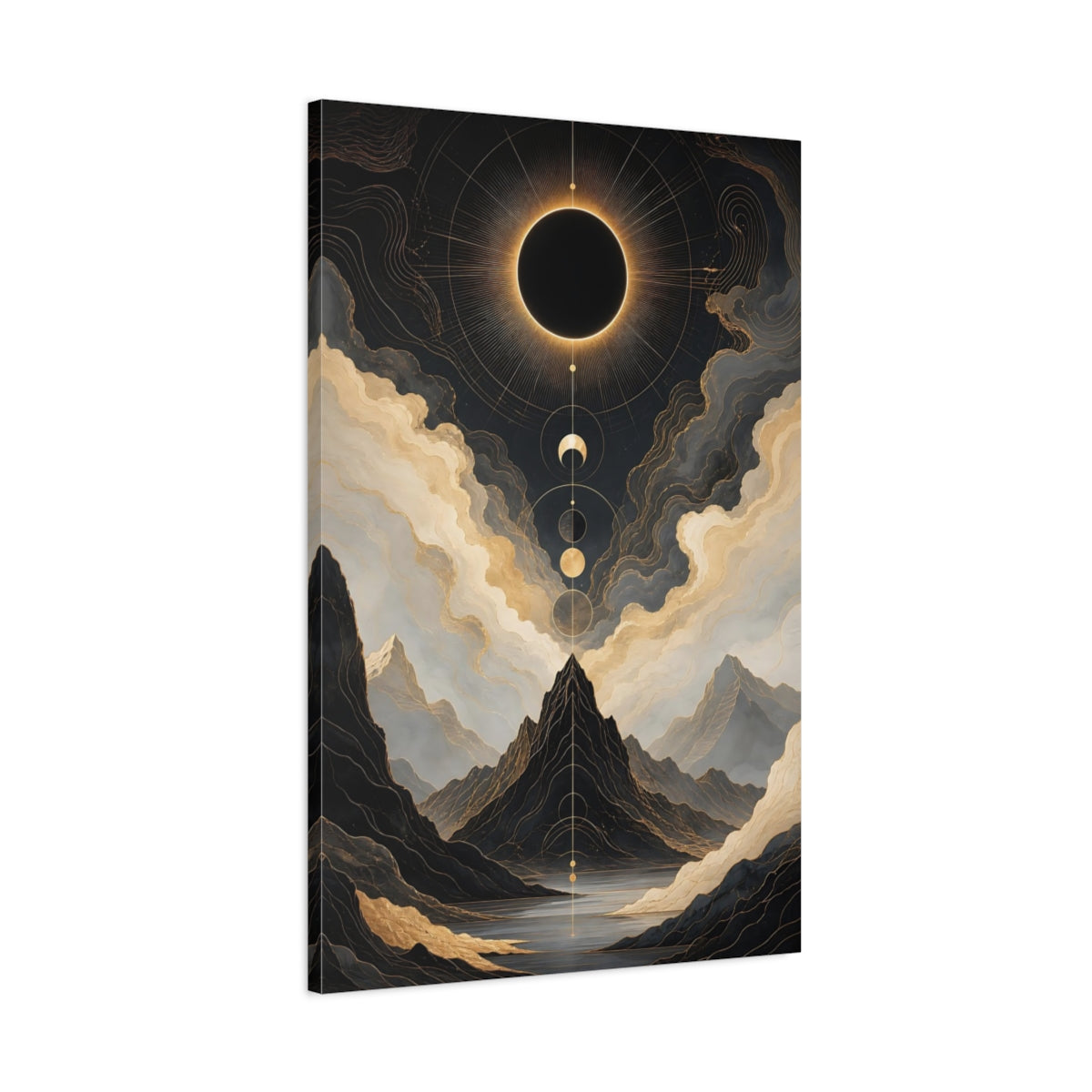 Main Mockup. Abstract Solar Eclipse Gold And Black shown as stretched canvas wall art