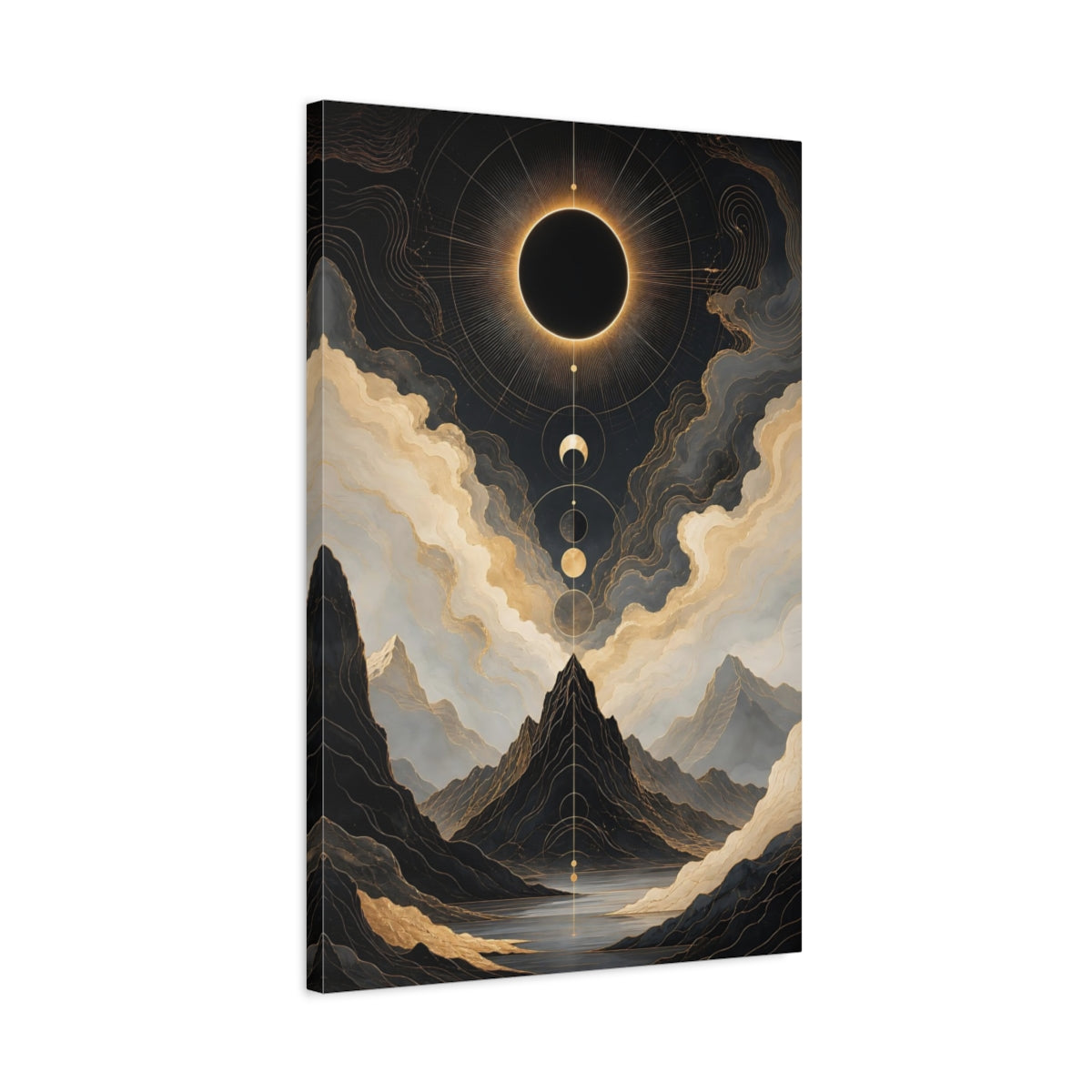 Side Mockup 2. Abstract Solar Eclipse Gold And Black shown as stretched canvas wall art