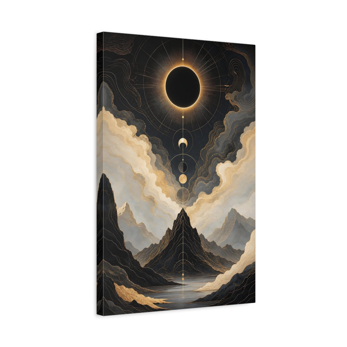 Side Mockup 3. Abstract Solar Eclipse Gold And Black shown as stretched canvas wall art