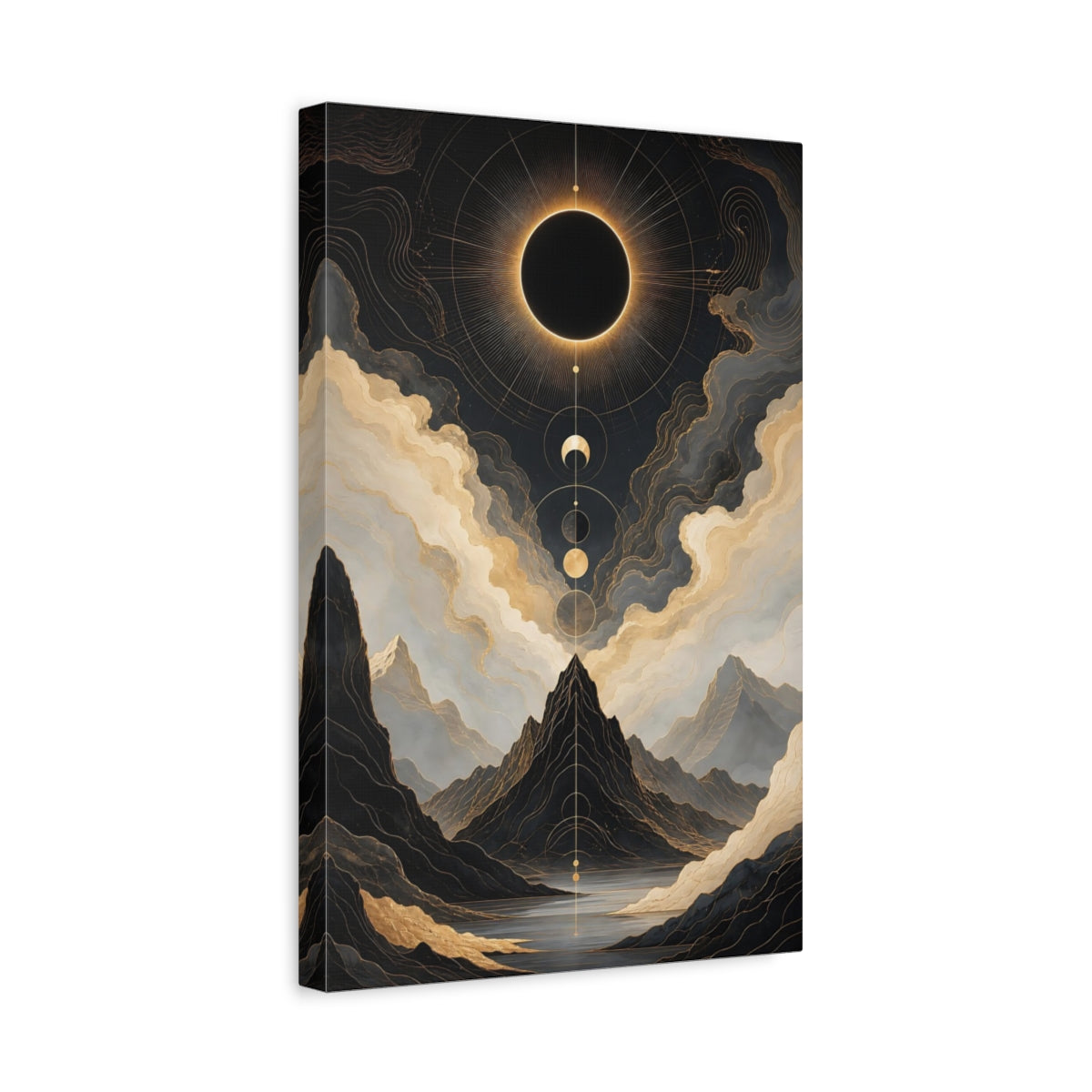 Side Mockup 4. Abstract Solar Eclipse Gold And Black shown as stretched canvas wall art
