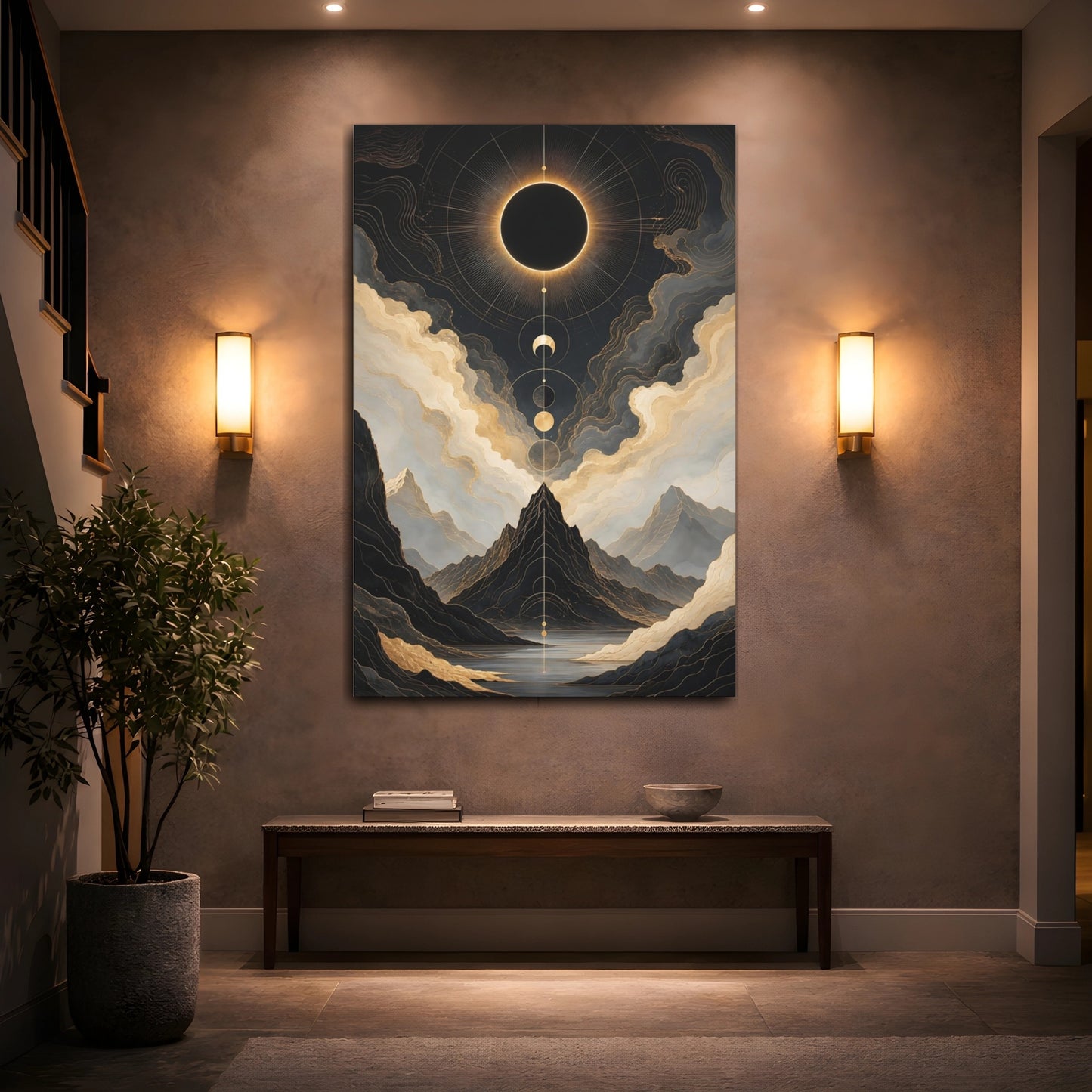 Mockup 2. Abstract Solar Eclipse Gold And Black shown as stretched canvas wall art