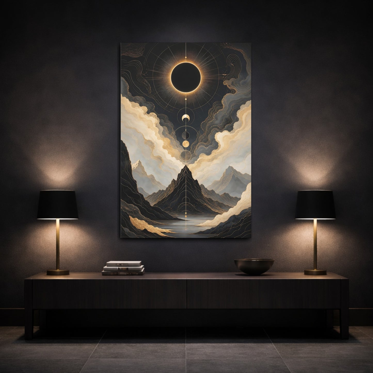 Mockup 3. Abstract Solar Eclipse Gold And Black shown as stretched canvas wall art
