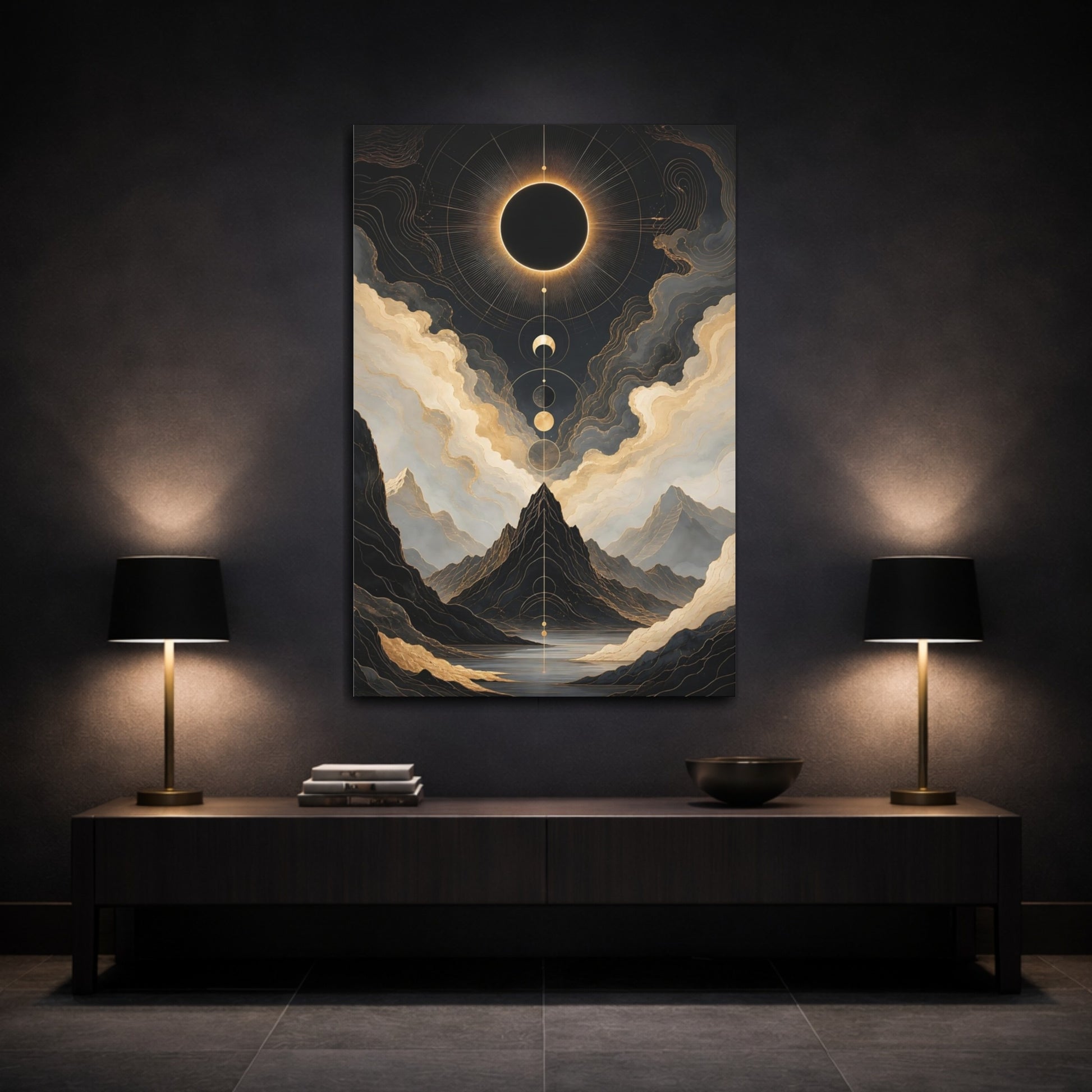 Mockup 3. Abstract Solar Eclipse Gold And Black shown as stretched canvas wall art