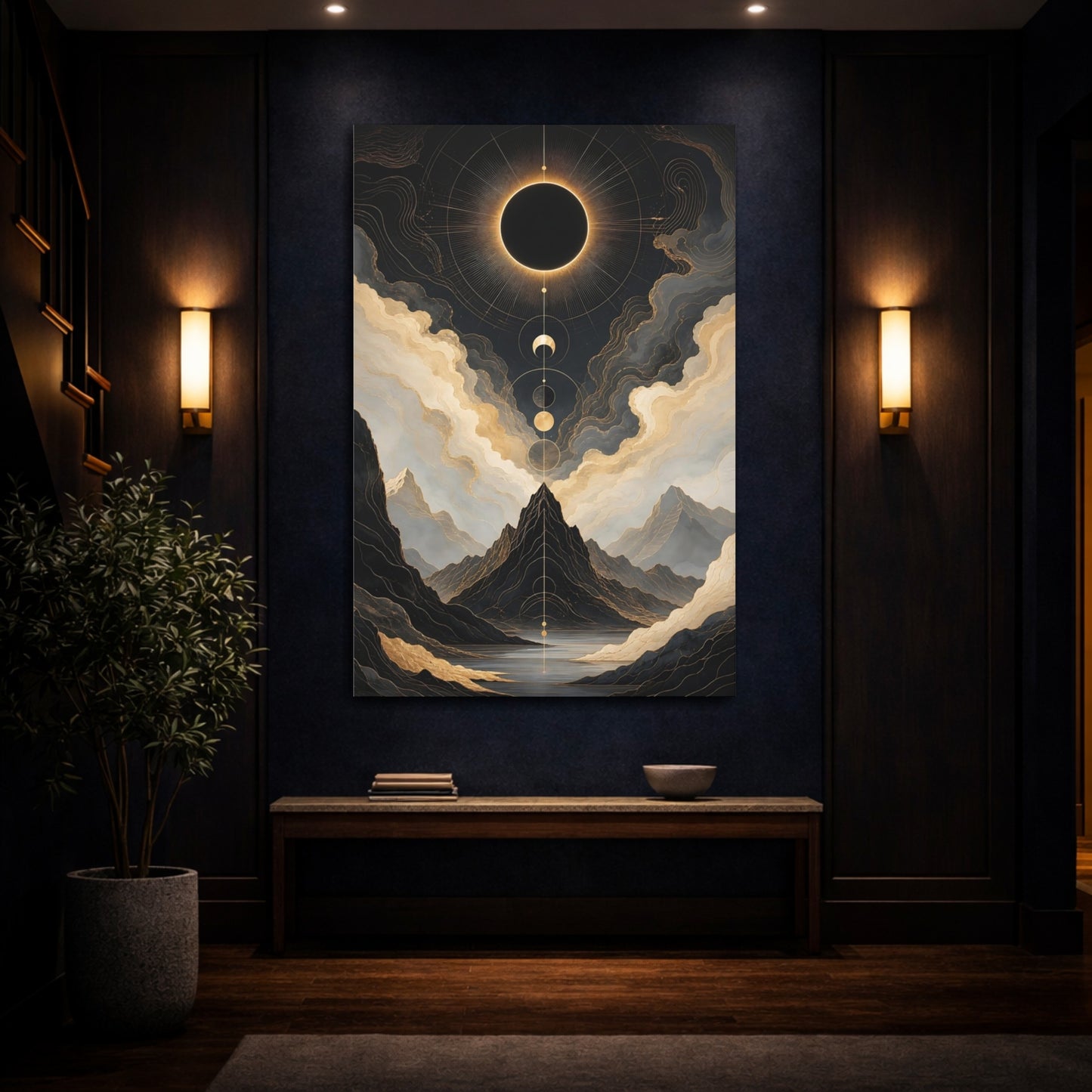 Mockup 4. Abstract Solar Eclipse Gold And Black shown as stretched canvas wall art