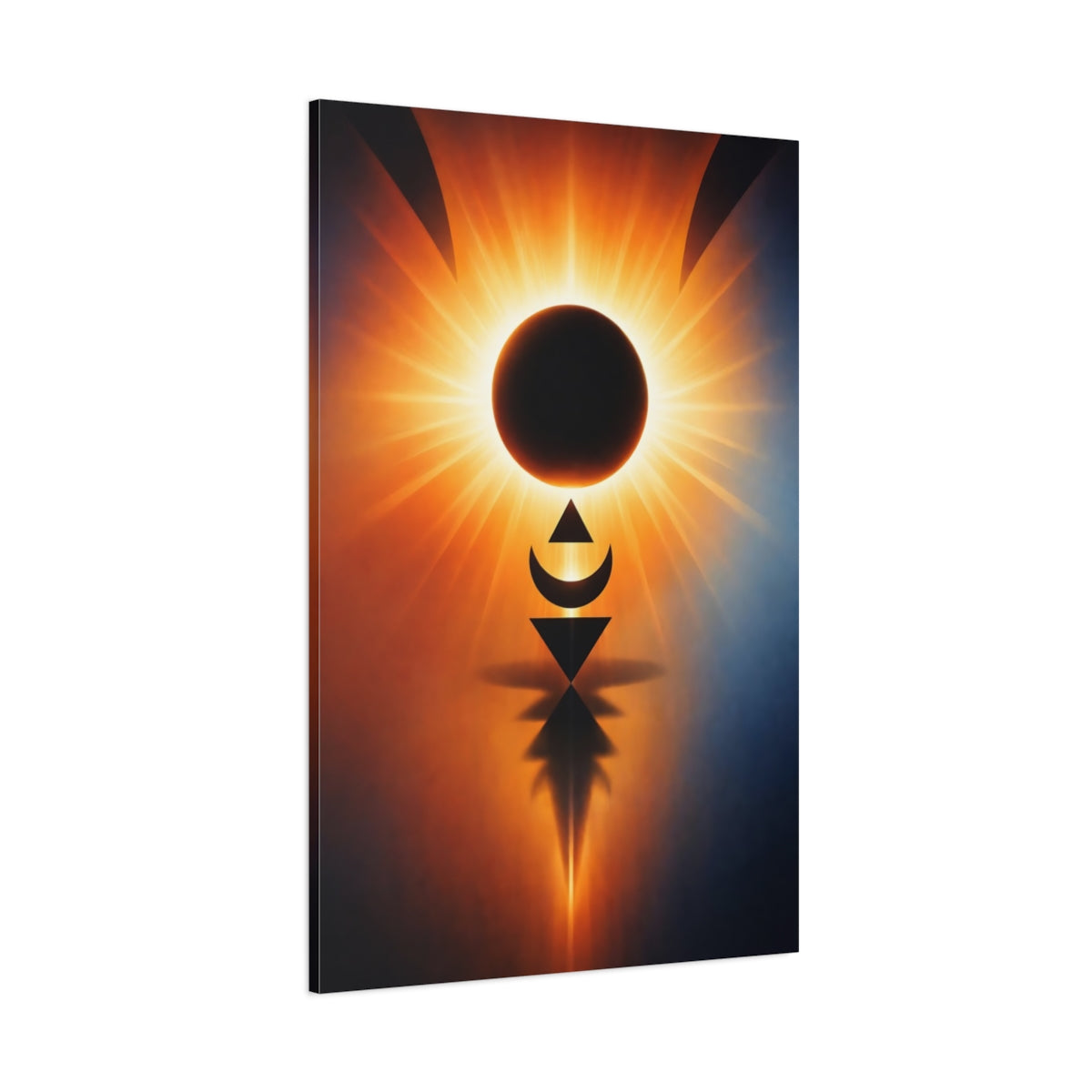 Main Mockup. Abstract Solar Eclipse Orange And Blue shown as stretched canvas wall art