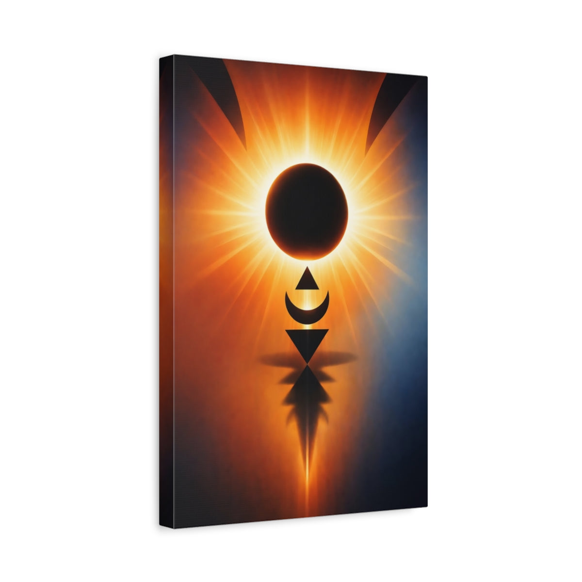 Side Mockup 4. Abstract Solar Eclipse Orange And Blue shown as stretched canvas wall art