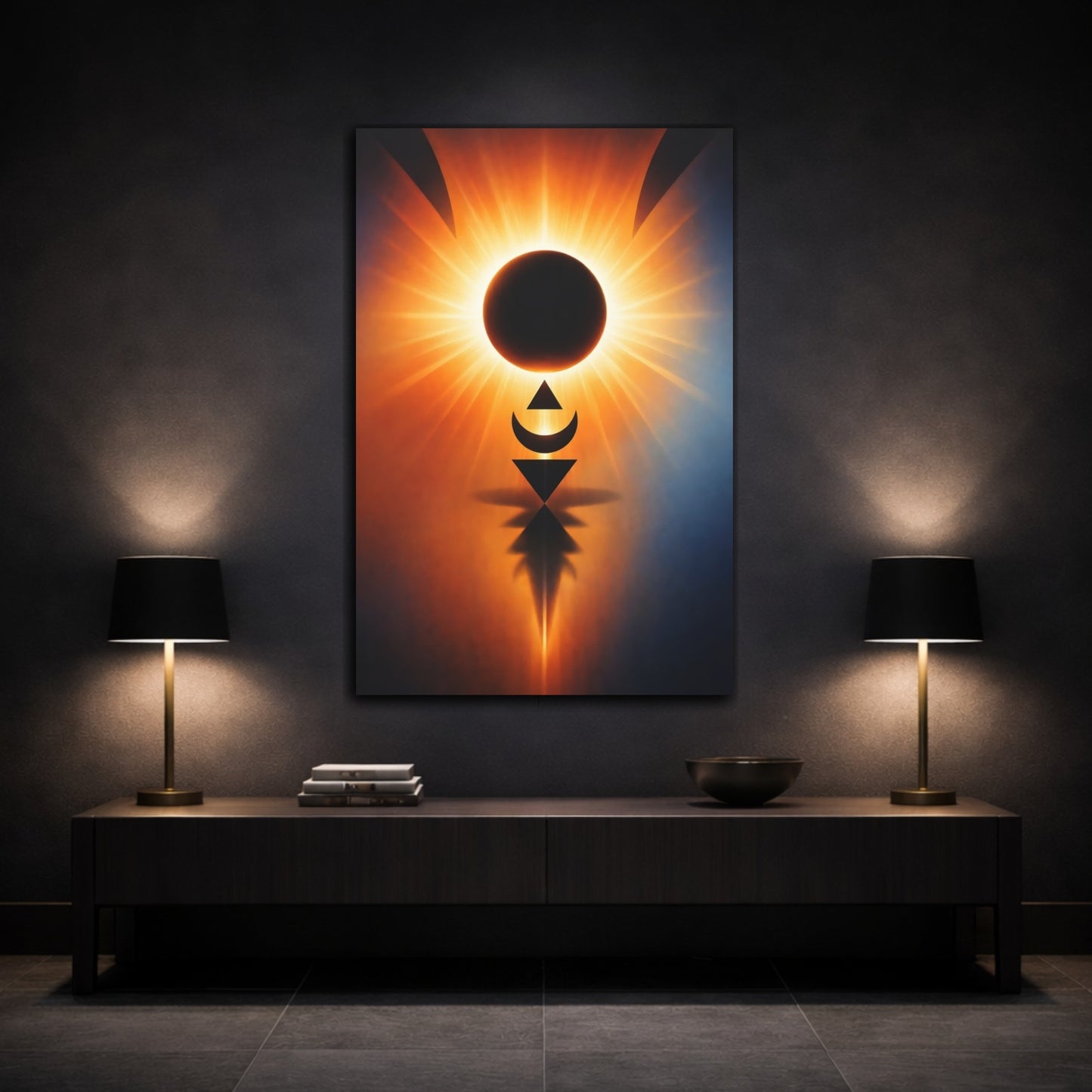 Mockup 2. Abstract Solar Eclipse Orange And Blue shown as stretched canvas wall art