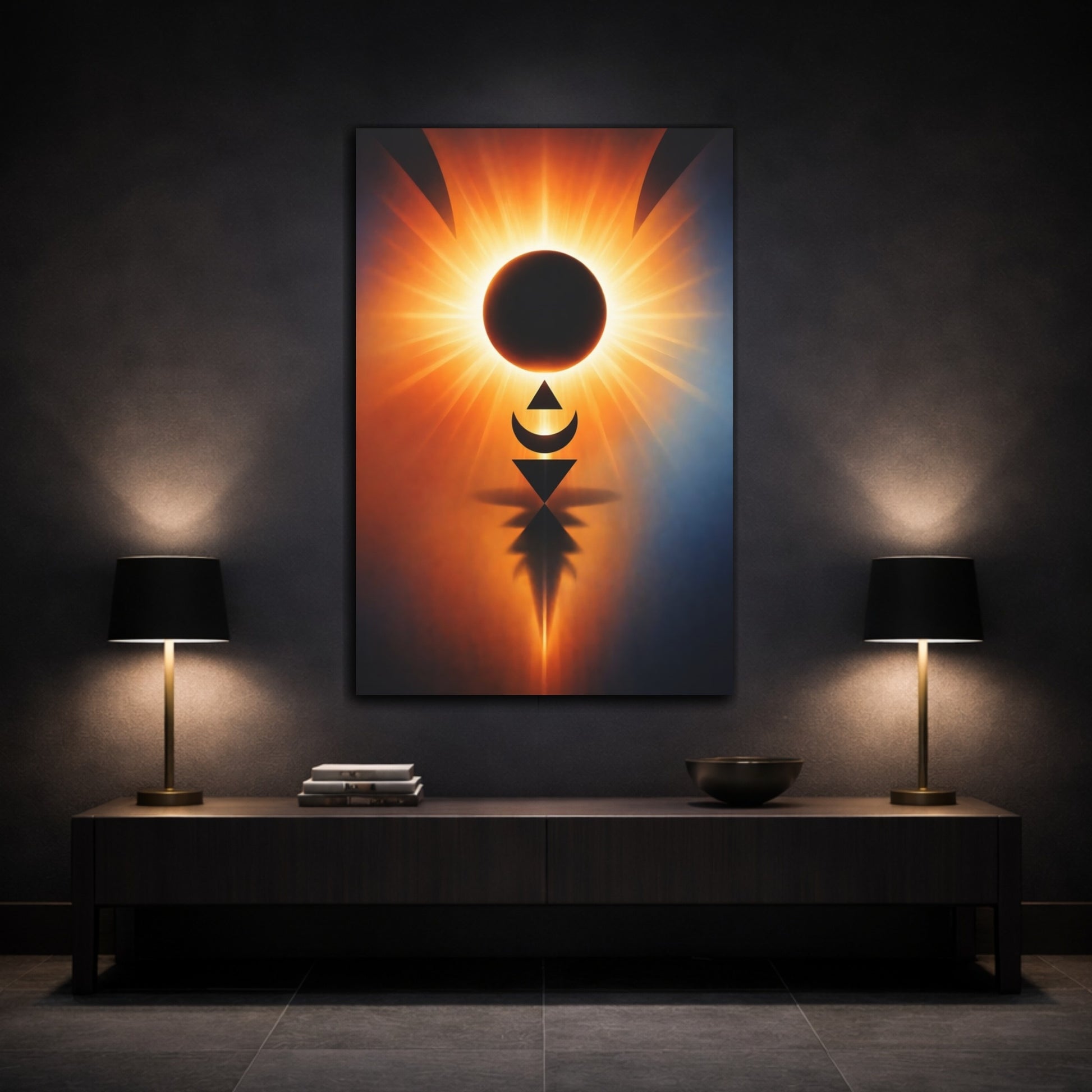 Mockup 2. Abstract Solar Eclipse Orange And Blue shown as stretched canvas wall art