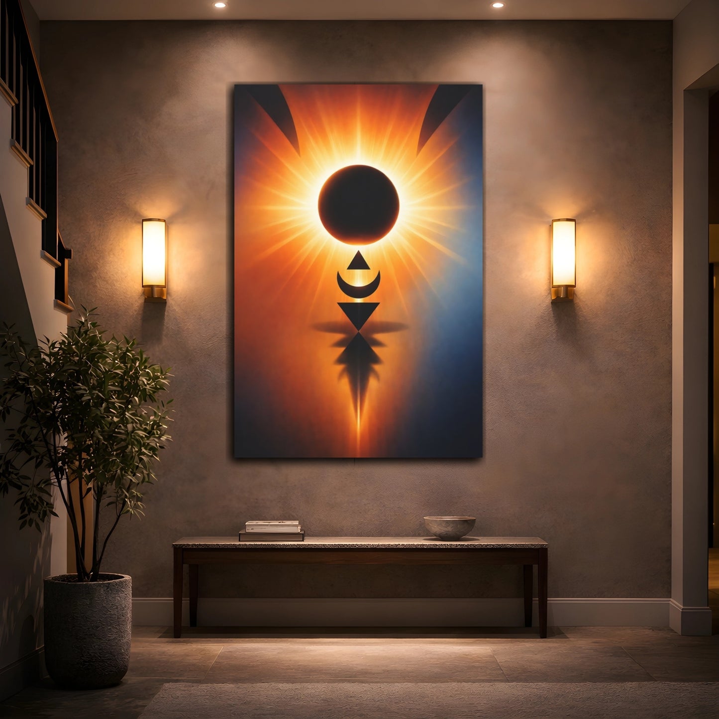Mockup 3. Abstract Solar Eclipse Orange And Blue shown as stretched canvas wall art